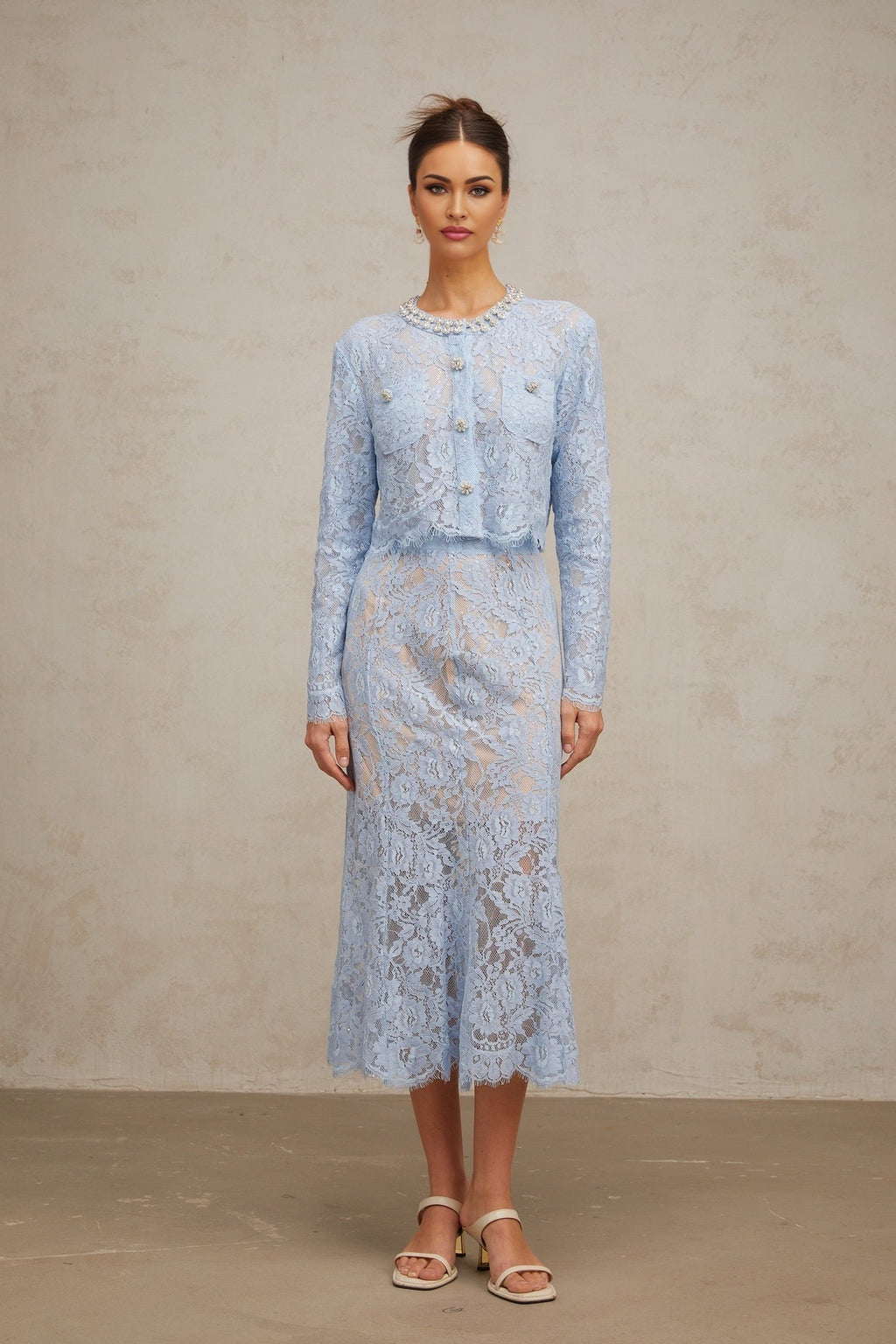 Zaylee Skirt & Top Set Blue Floral Lace Crystal Embellished
