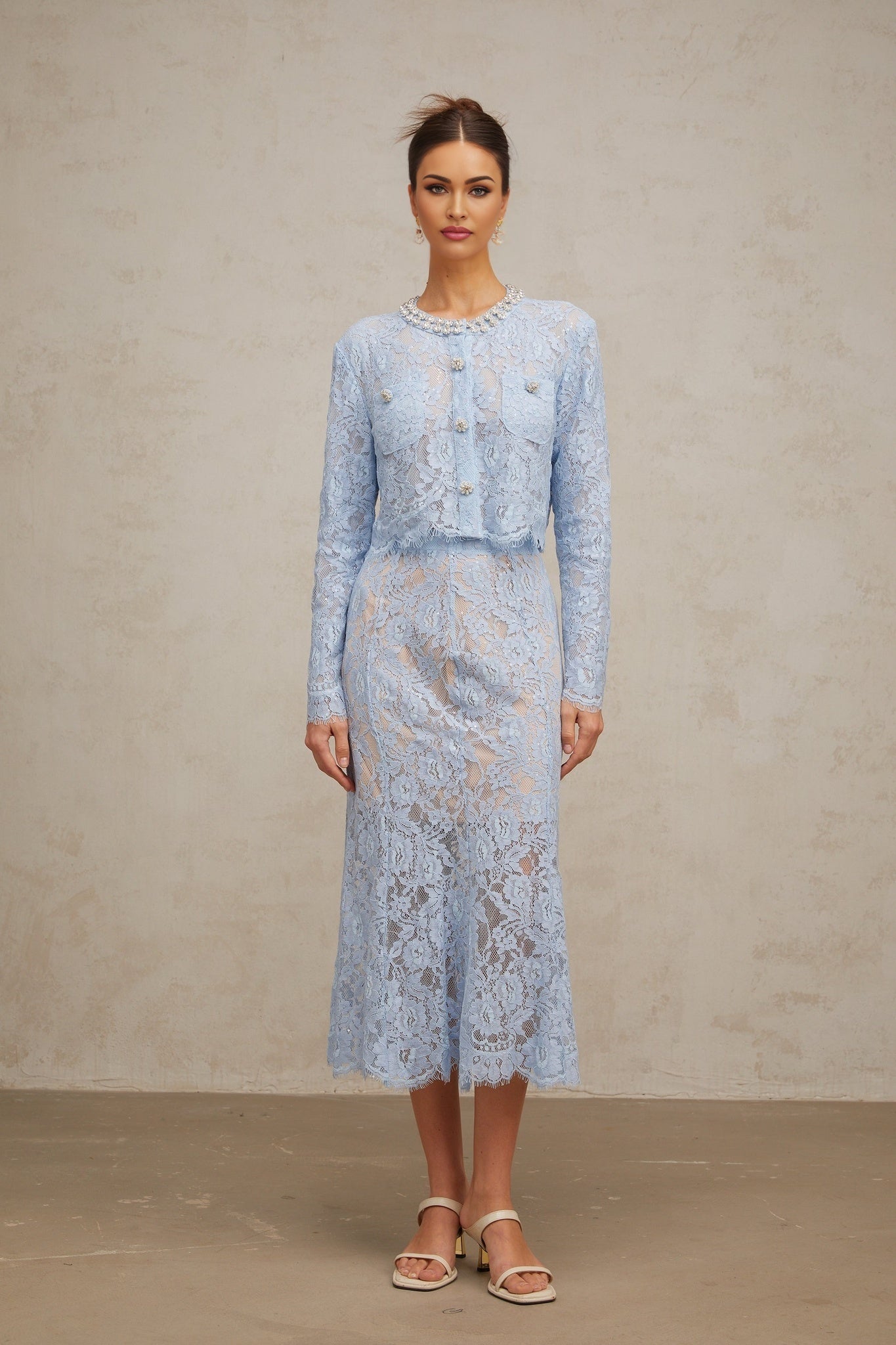 Zaylee Skirt & Top Set Blue Floral Lace Crystal Embellished