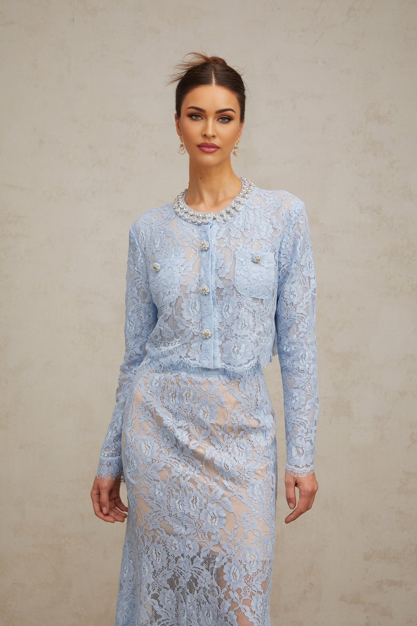 Zaylee Skirt & Top Set Blue Floral Lace Crystal Embellished