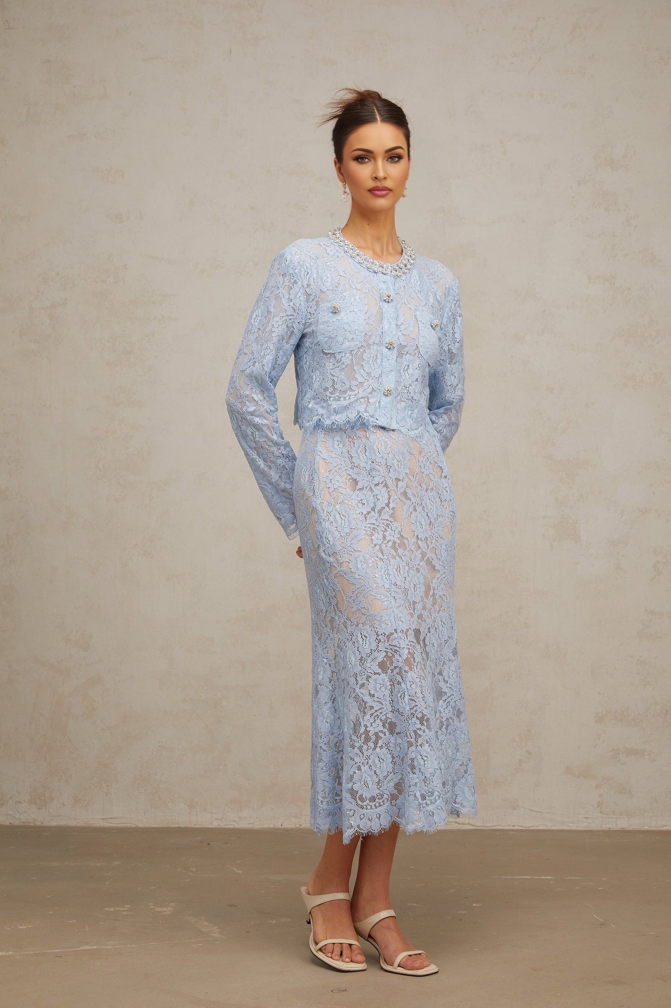 Zaylee Skirt & Top Set Blue Floral Lace Crystal Embellished