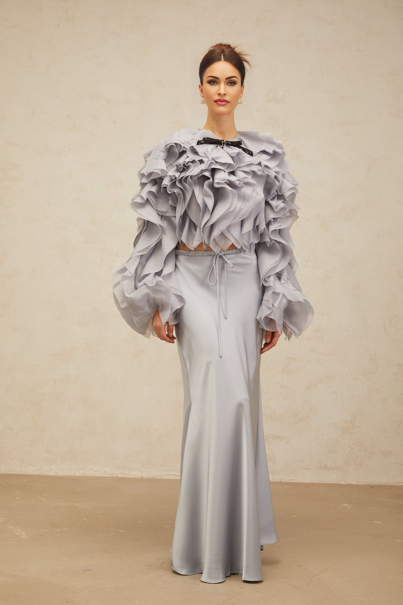Zelda Blouse & Skirt Haze Blue Ruffled Bowknot Set