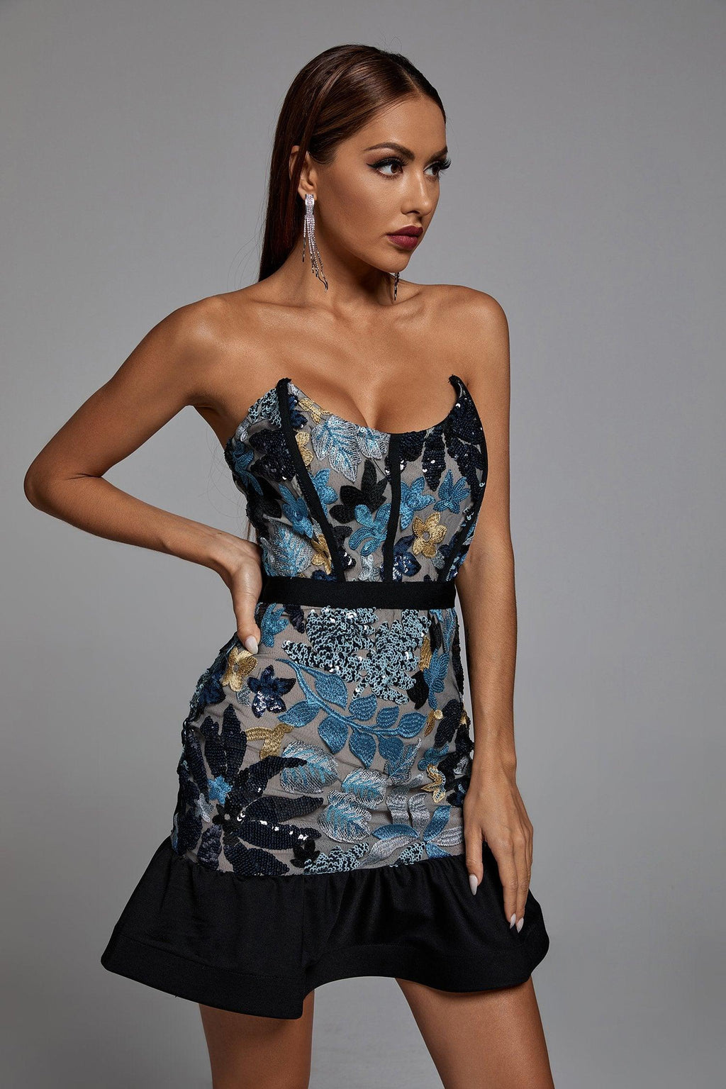 Zelda Blue Sequin Floral Off-Shoulder Dress