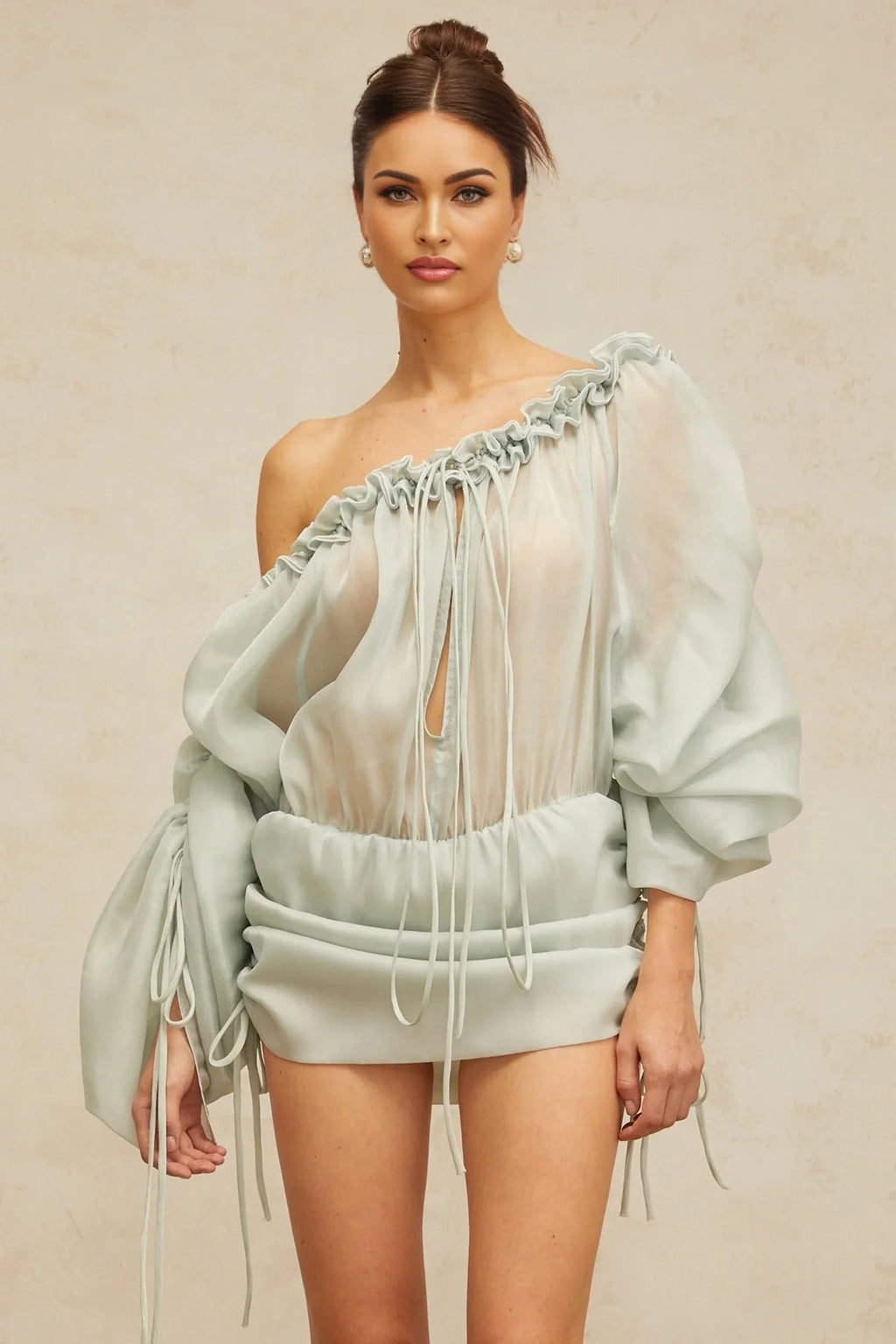 Zelinda Mini Dress Light Green Ruffled One - Shoulder & Open - Back