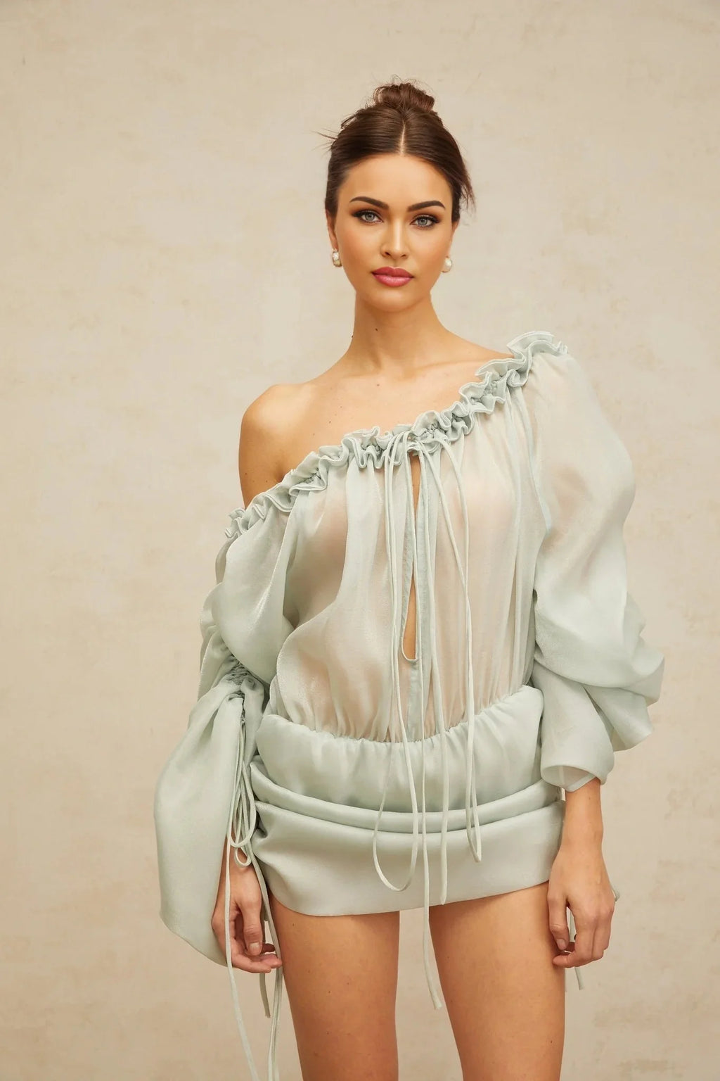 Zelinda Mini Dress Light Green Ruffled One - Shoulder & Open - Back