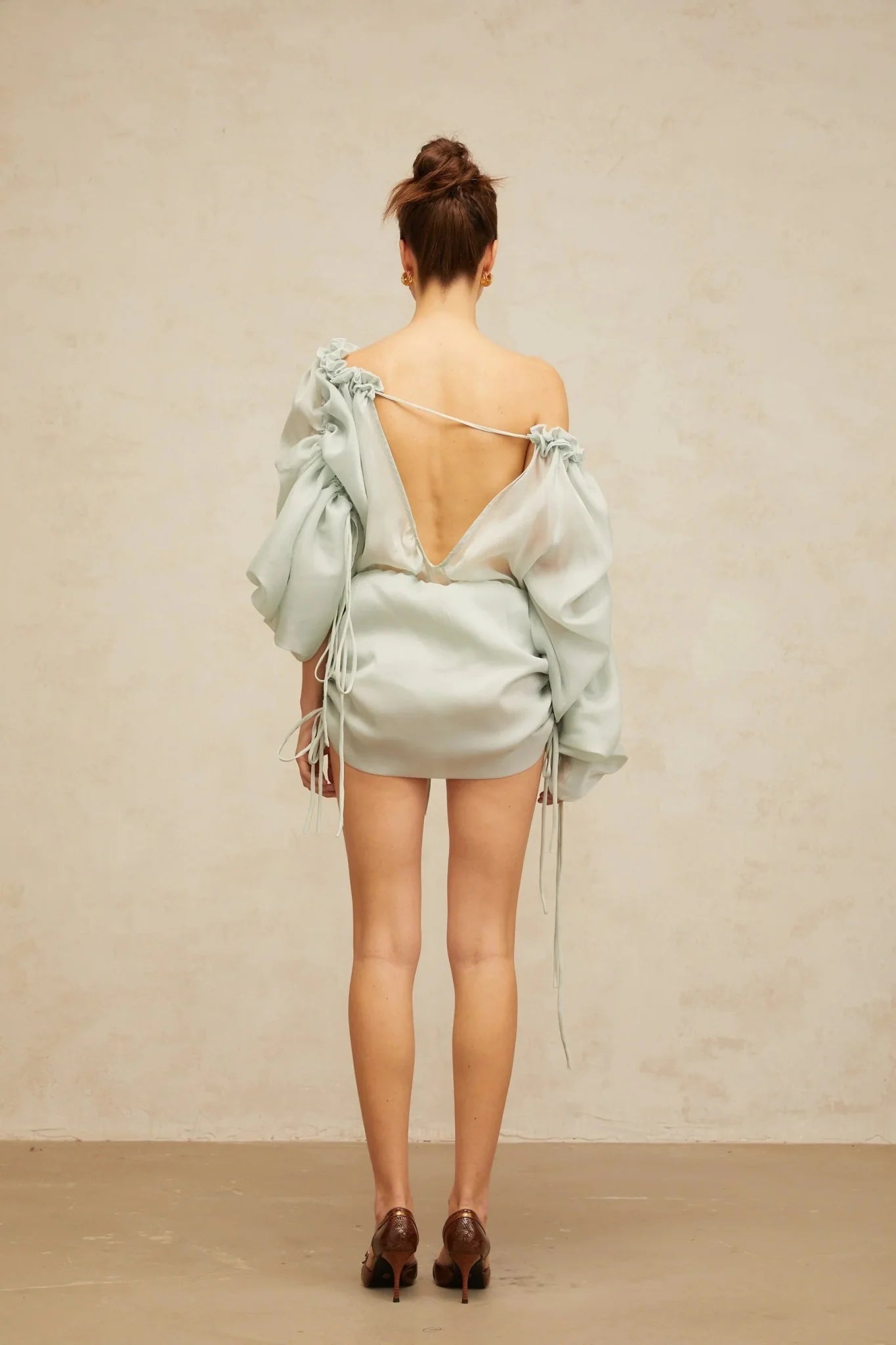 Zelinda Mini Dress Light Green Ruffled One - Shoulder & Open - Back