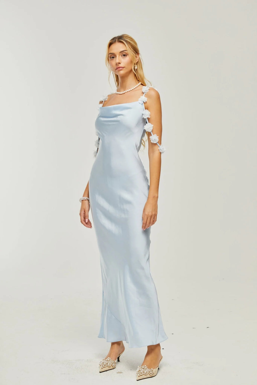 Zelmira Floral Maxi Dress in Light Blue Satin with Cowl Neck and Low Back Design