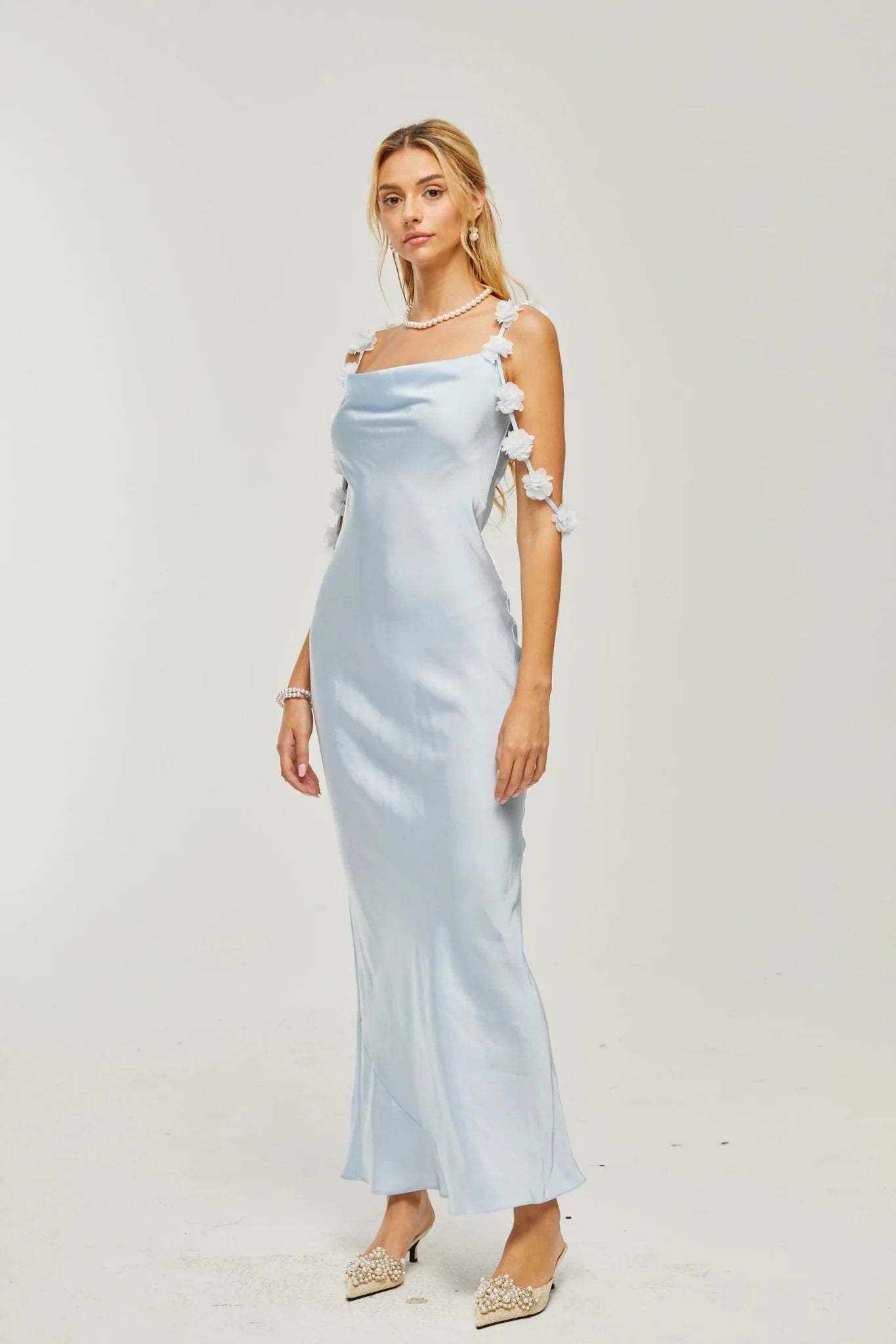 Zelmira Floral Maxi Dress in Light Blue Satin with Cowl Neck and Low Back Design