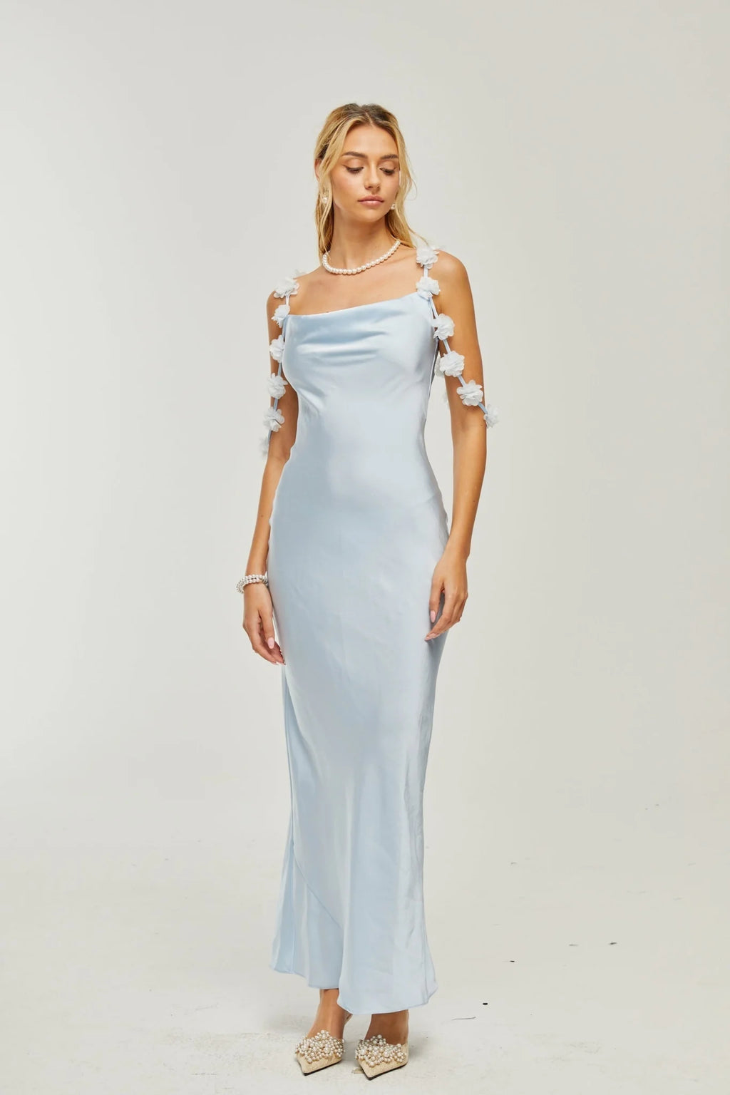 Zelmira Floral Maxi Dress in Light Blue Satin with Cowl Neck and Low Back Design