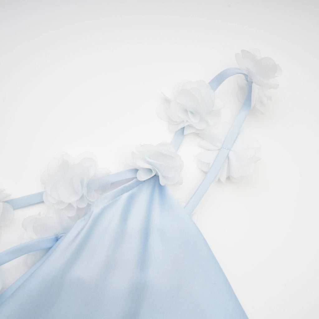 Zelmira Floral Maxi Dress in Light Blue Satin with Cowl Neck and Low Back Design