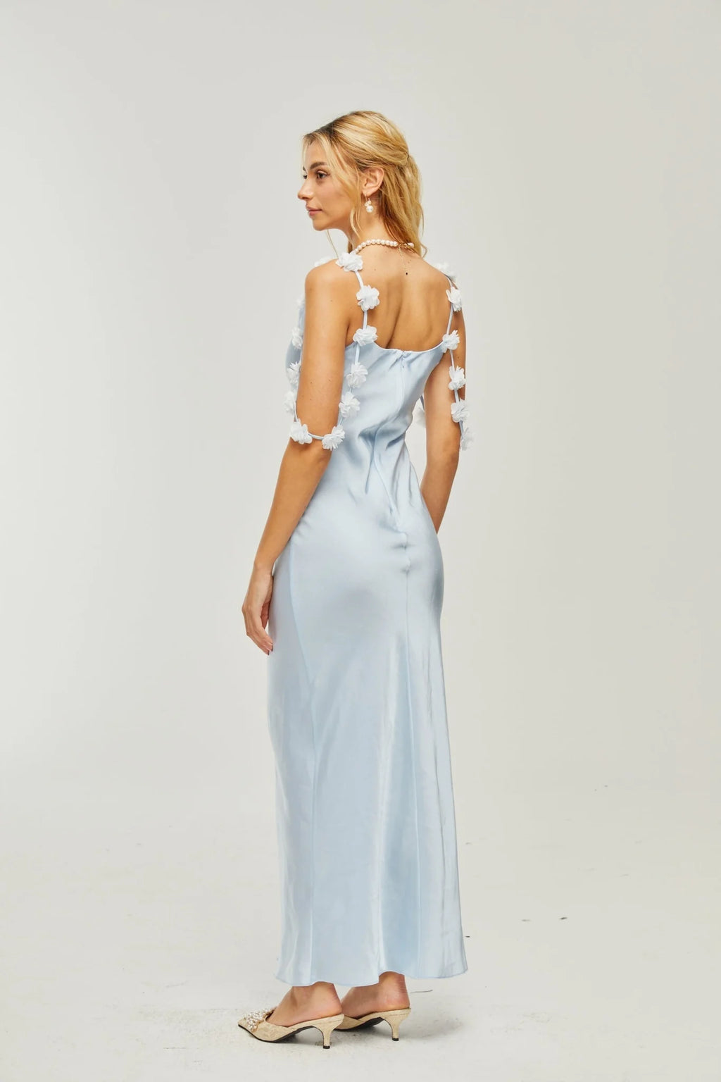 Zelmira Floral Maxi Dress in Light Blue Satin with Cowl Neck and Low Back Design