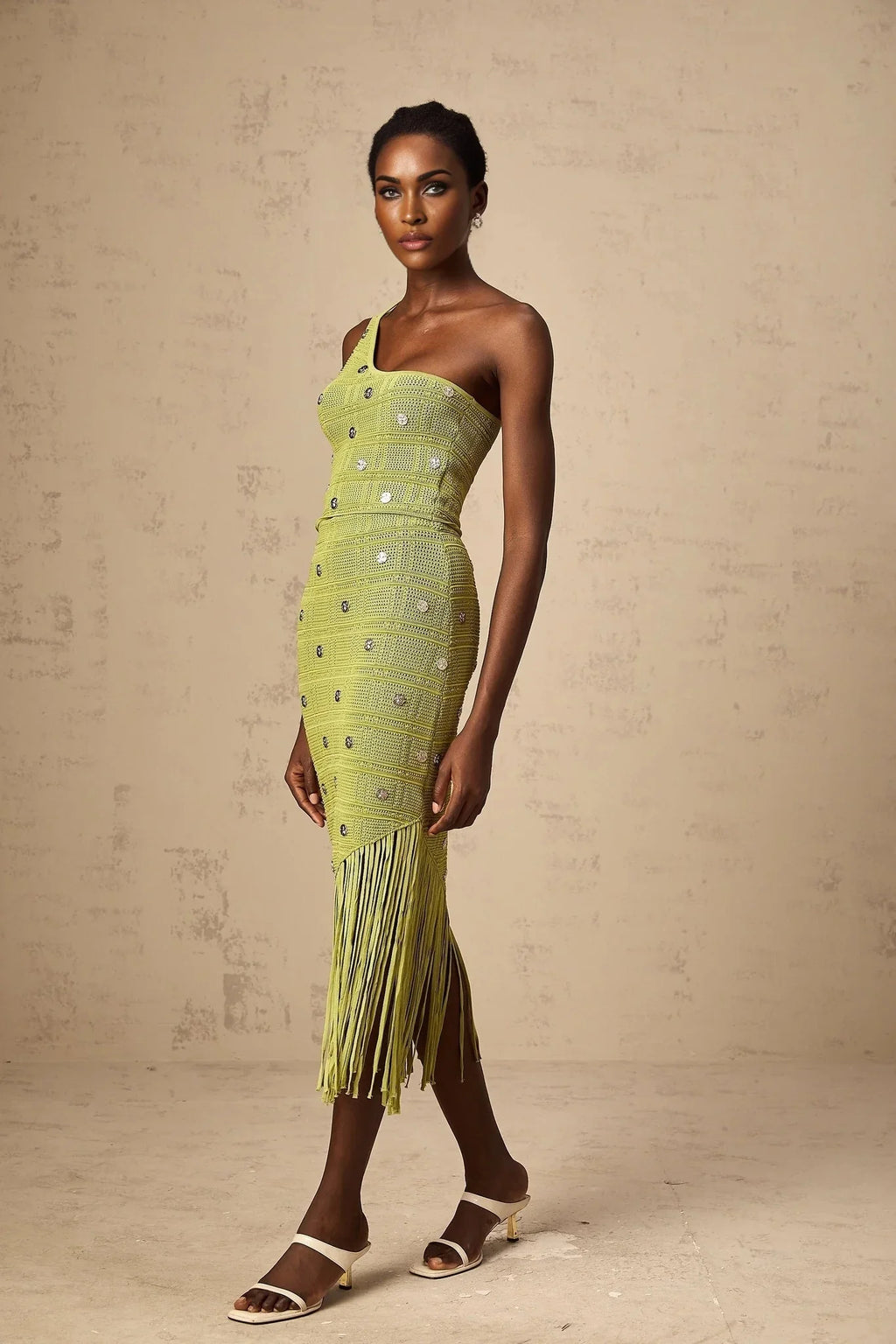 Zelmira Top & Skirt Set Green Embellished Knit Cropped Fringed Calf - Length