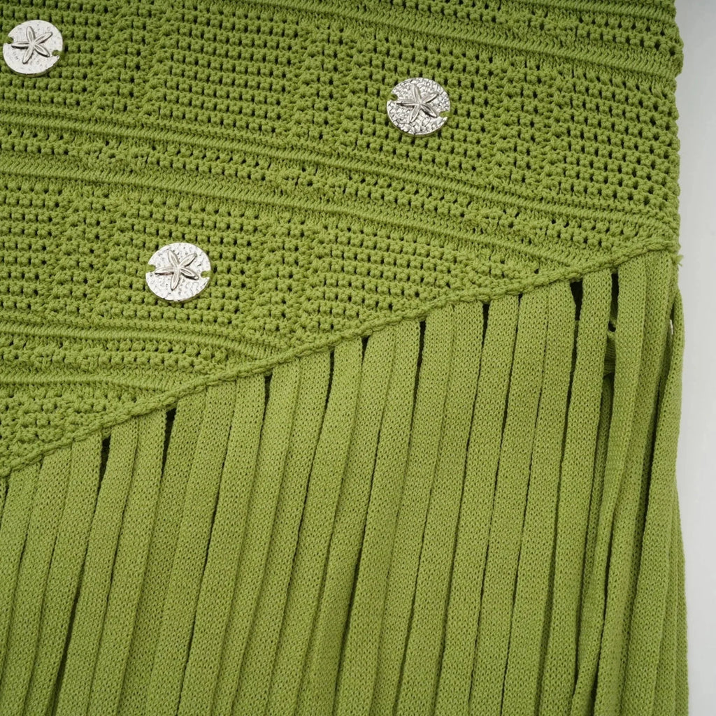 Zelmira Top & Skirt Set Green Embellished Knit Cropped Fringed Calf - Length