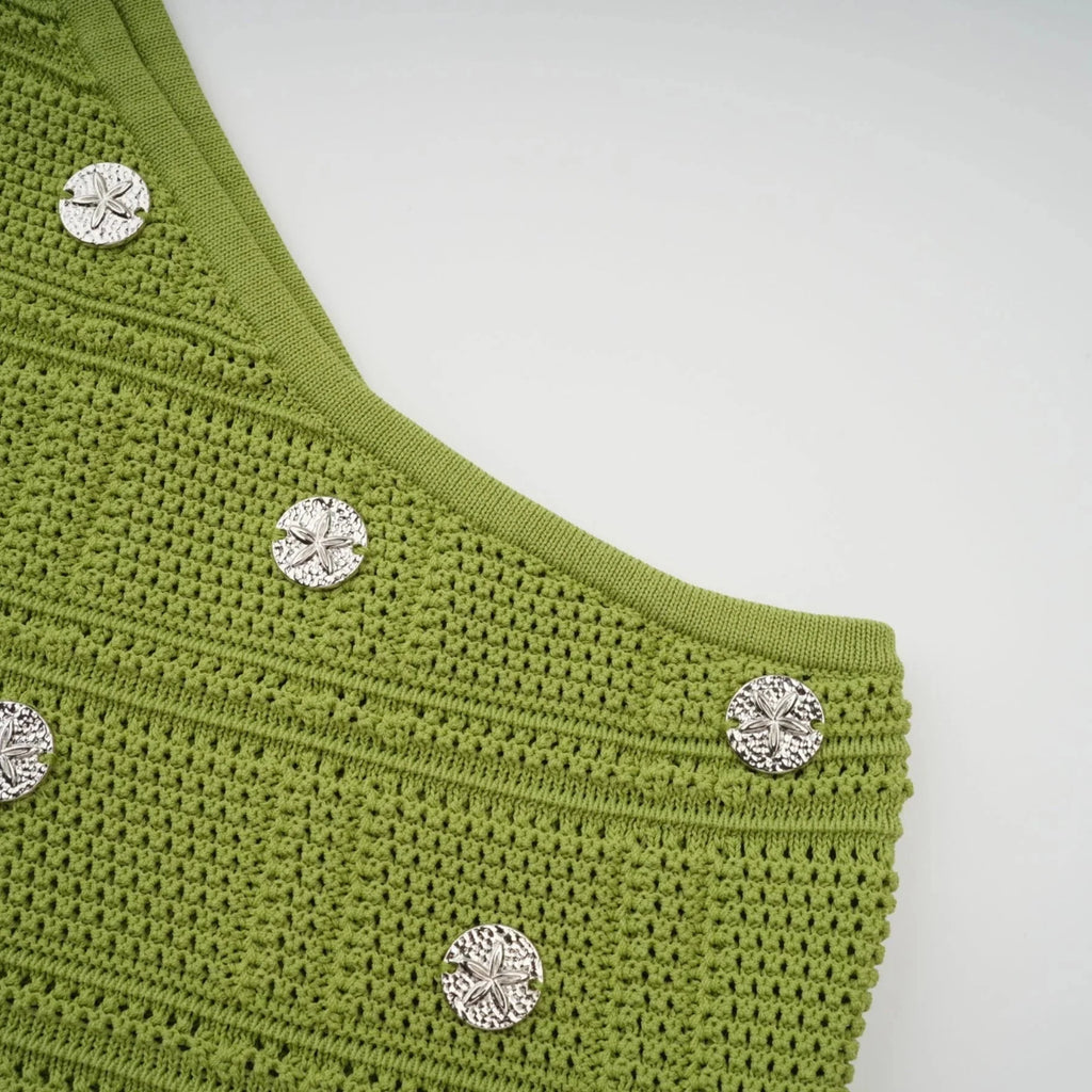 Zelmira Top & Skirt Set Green Embellished Knit Cropped Fringed Calf - Length