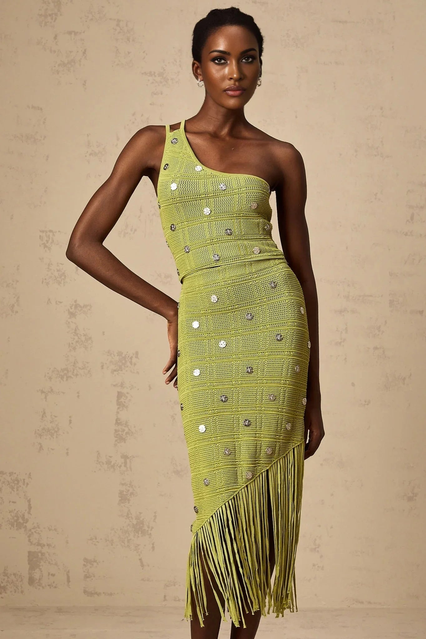 Zelmira Top & Skirt Set Green Embellished Knit Cropped Fringed Calf - Length