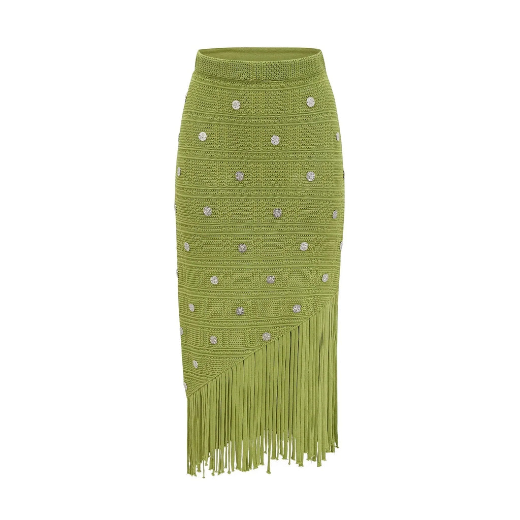 Zelmira Top & Skirt Set Green Embellished Knit Cropped Fringed Calf - Length