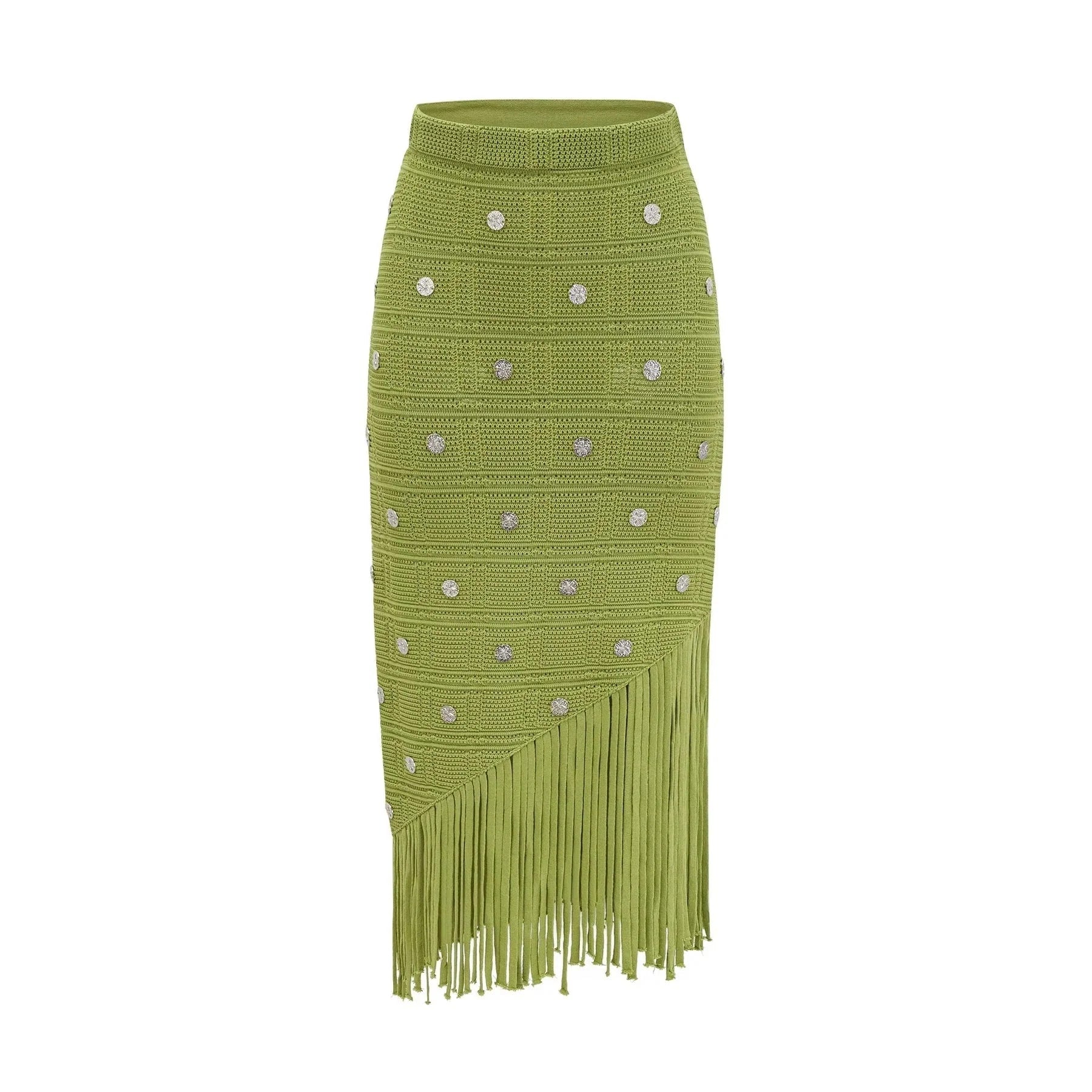 Zelmira Top & Skirt Set Green Embellished Knit Cropped Fringed Calf - Length