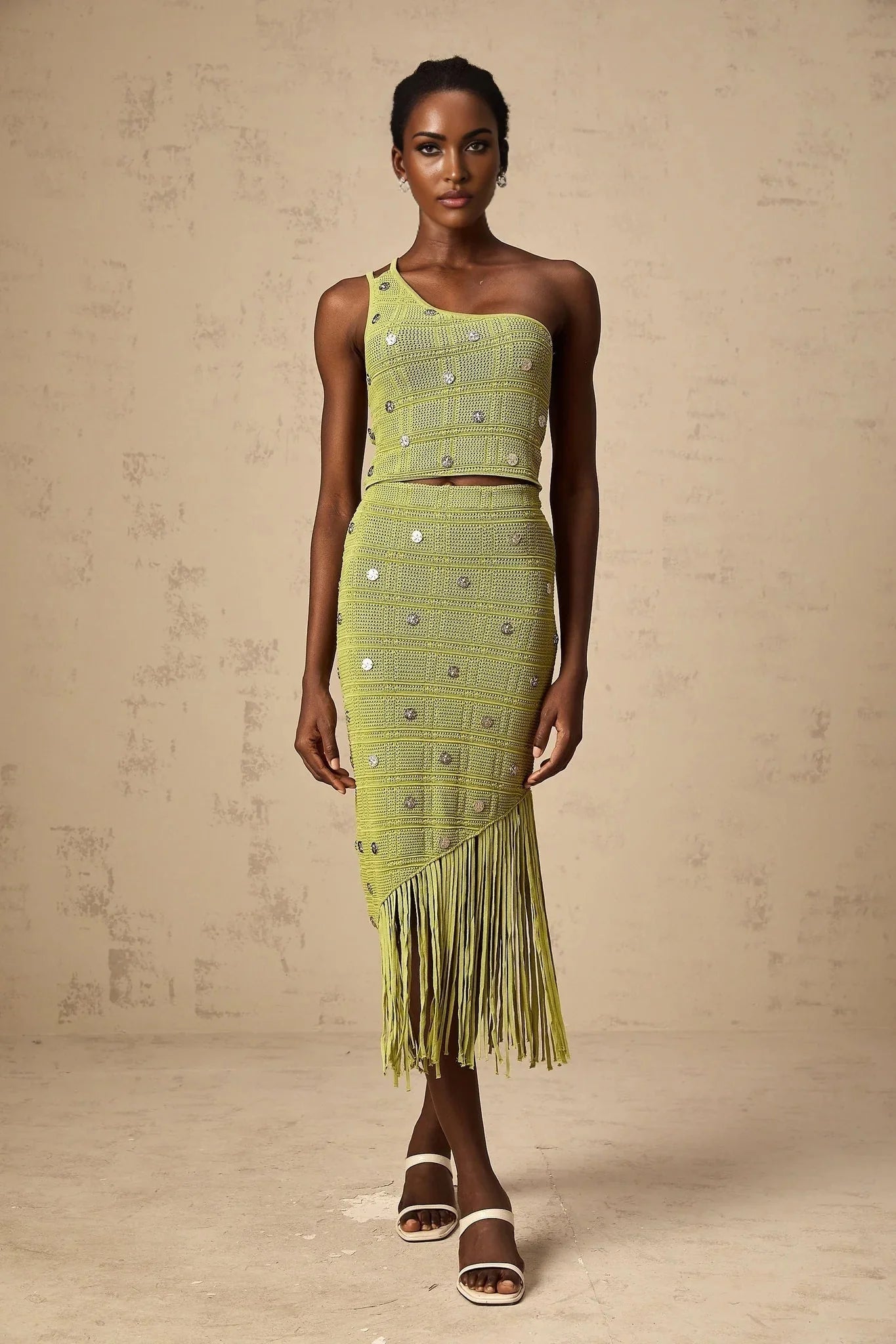Zelmira Top & Skirt Set Green Embellished Knit Cropped Fringed Calf - Length