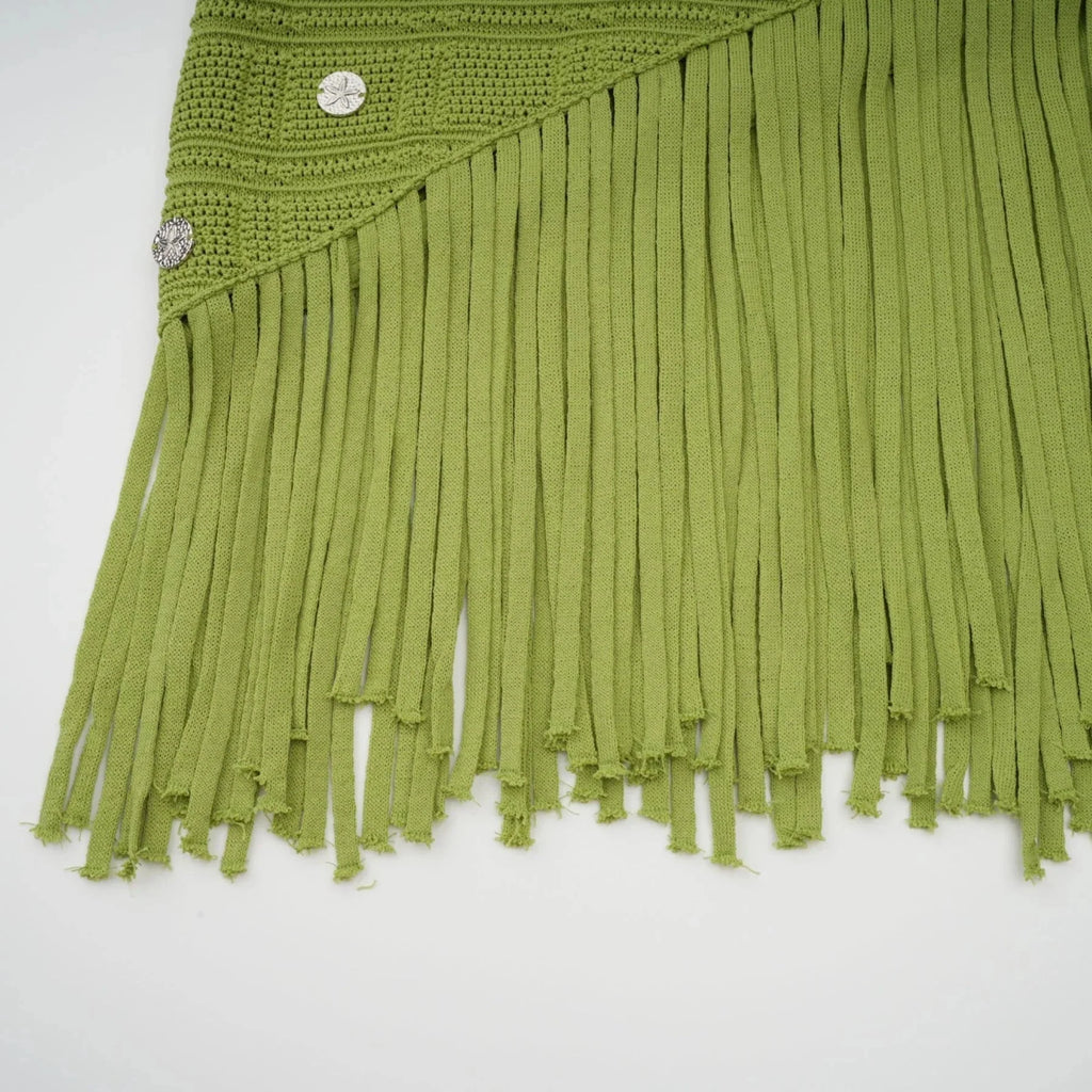 Zelmira Top & Skirt Set Green Embellished Knit Cropped Fringed Calf - Length