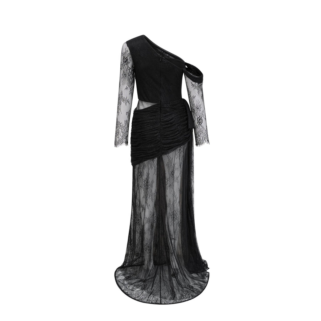 Zita Maxi Dress - Classic Blac - One - Shoulder Asymmetric Design with Lace Detailing
