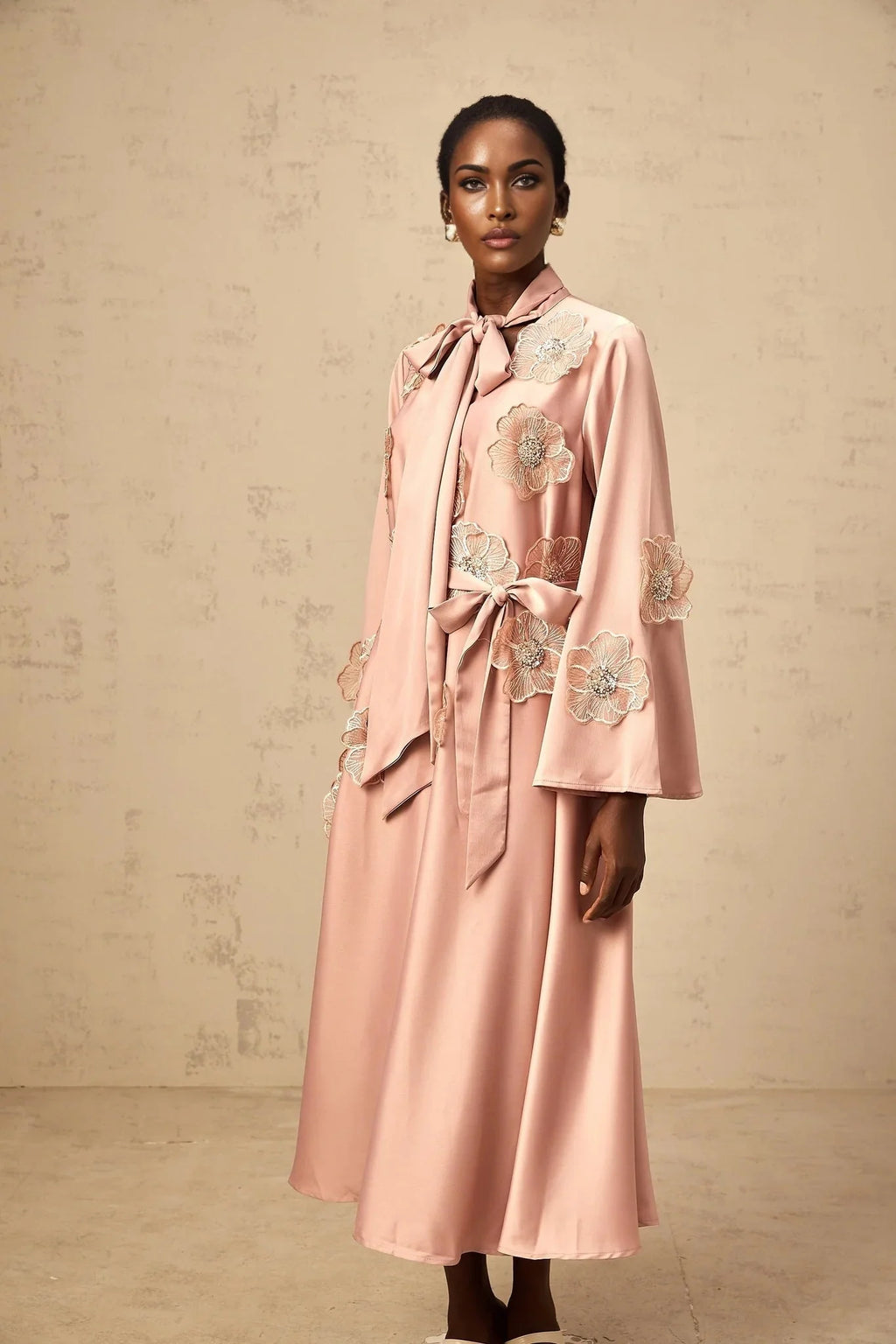 Zita Midi Dress Pink Floral Appliqu Embellished & Flared