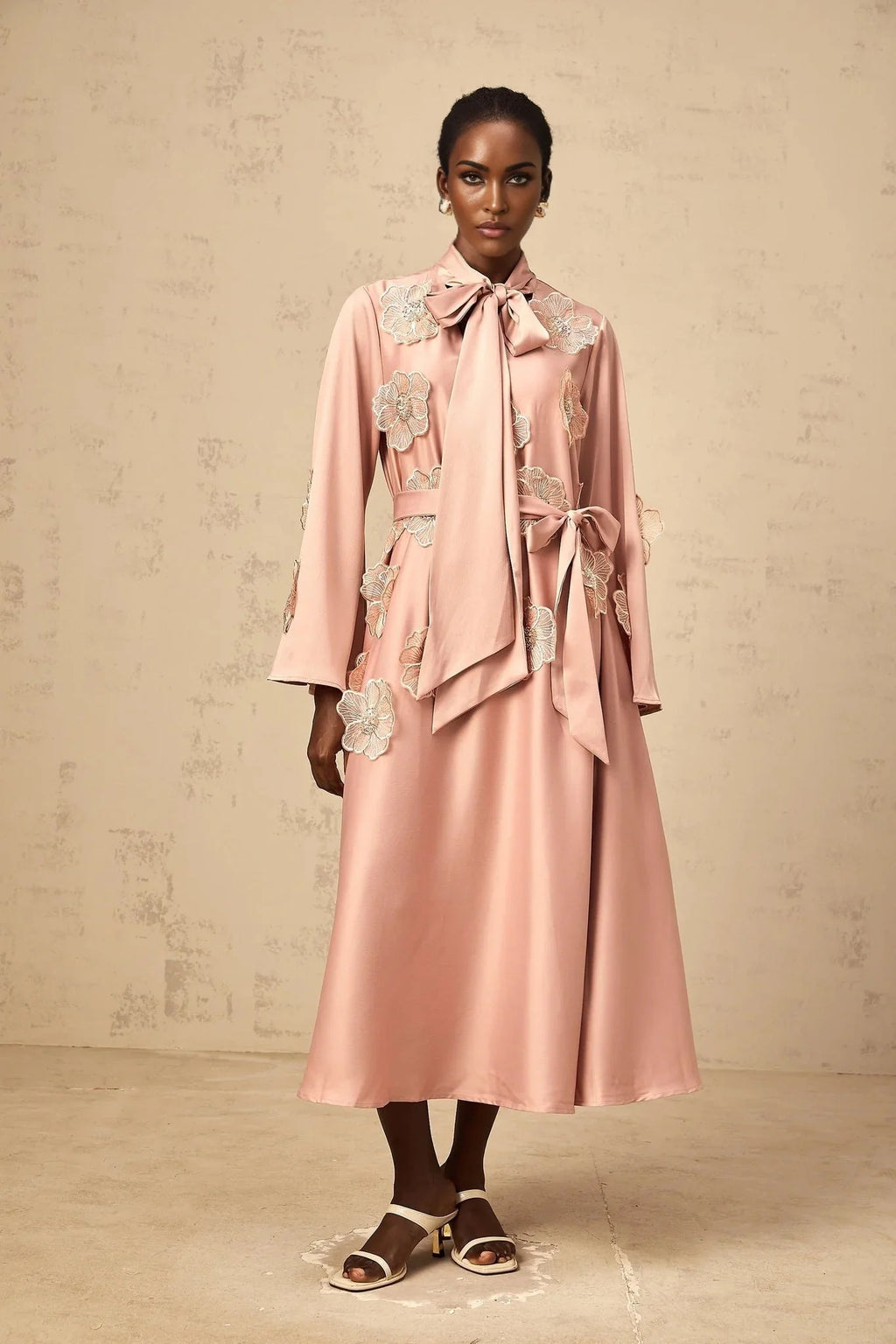 Zita Midi Dress Pink Floral Appliqu Embellished & Flared