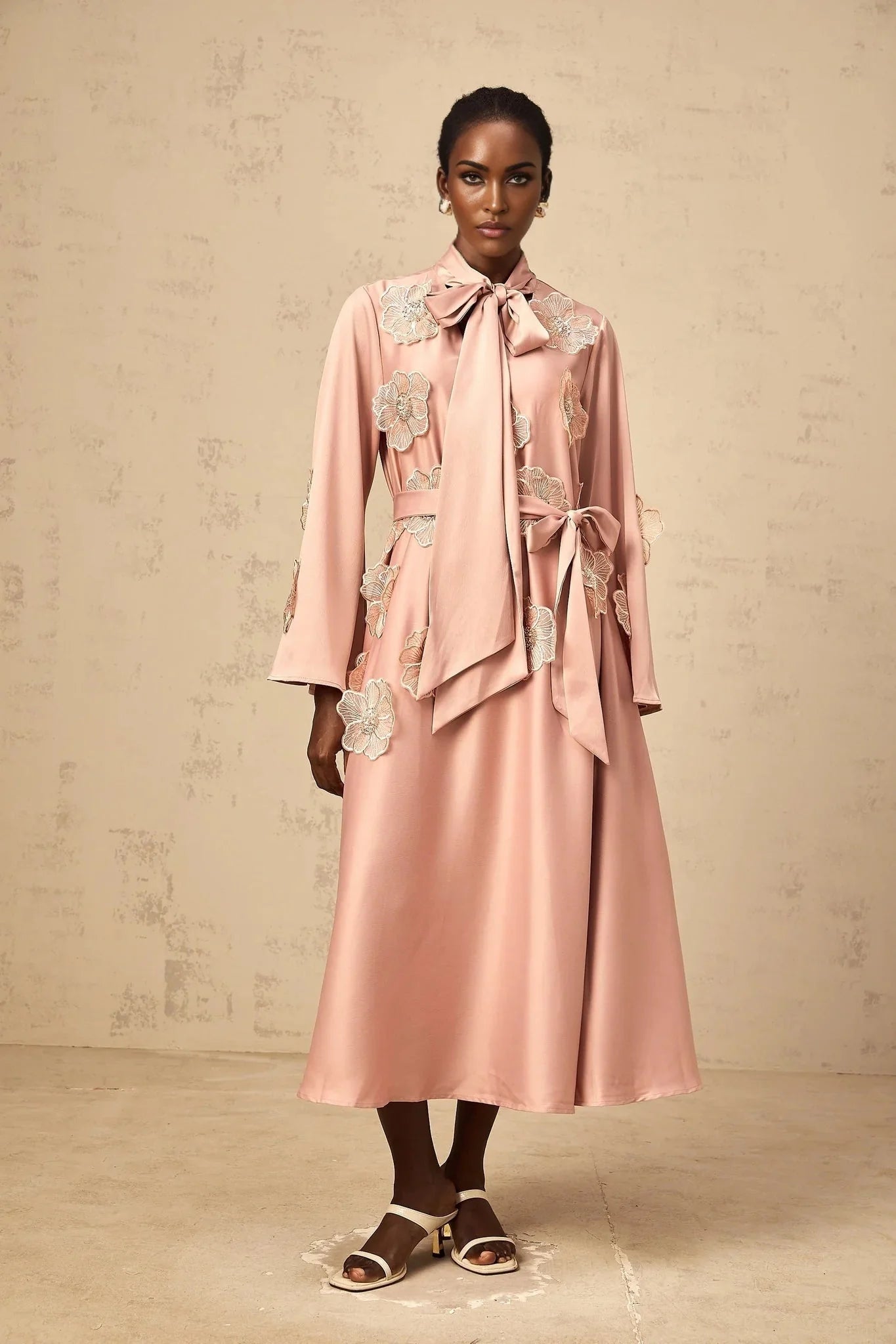 Zita Midi Dress Pink Floral Appliqu Embellished & Flared