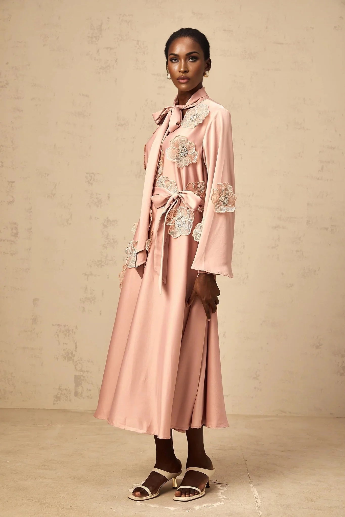 Zita Midi Dress Pink Floral Appliqu Embellished & Flared