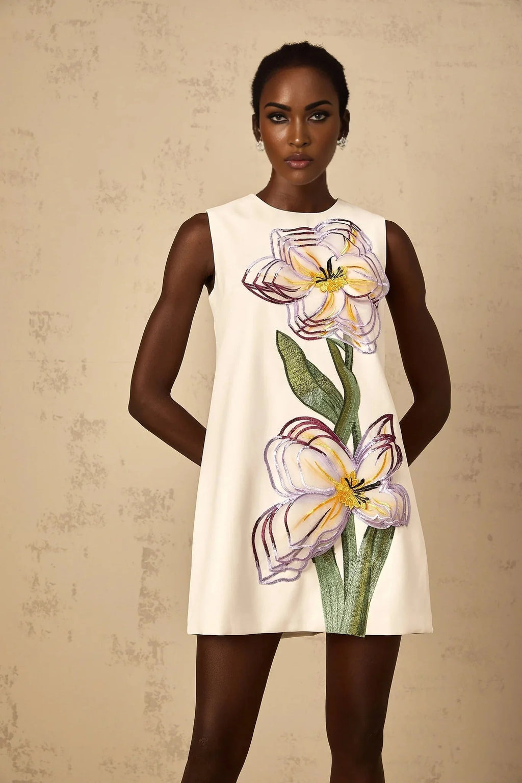 Zita Mini Dress White Sequin Floral Embroidered Open - back