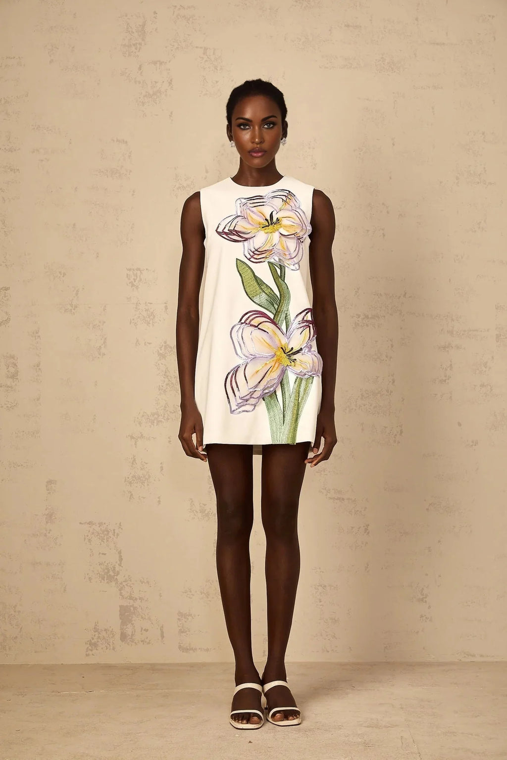 Zita Mini Dress White Sequin Floral Embroidered Open - back
