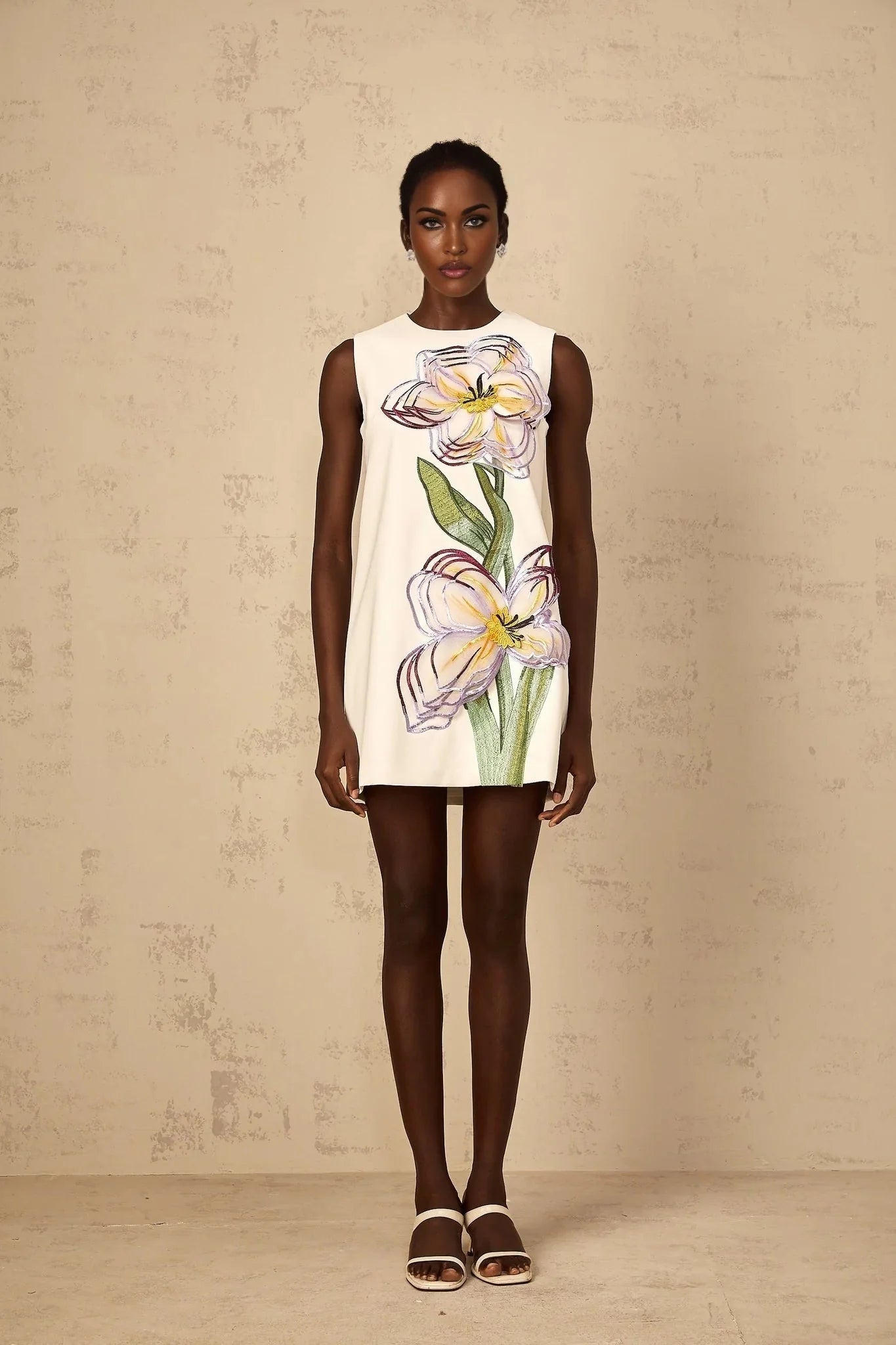 Zita Mini Dress White Sequin Floral Embroidered Open - back