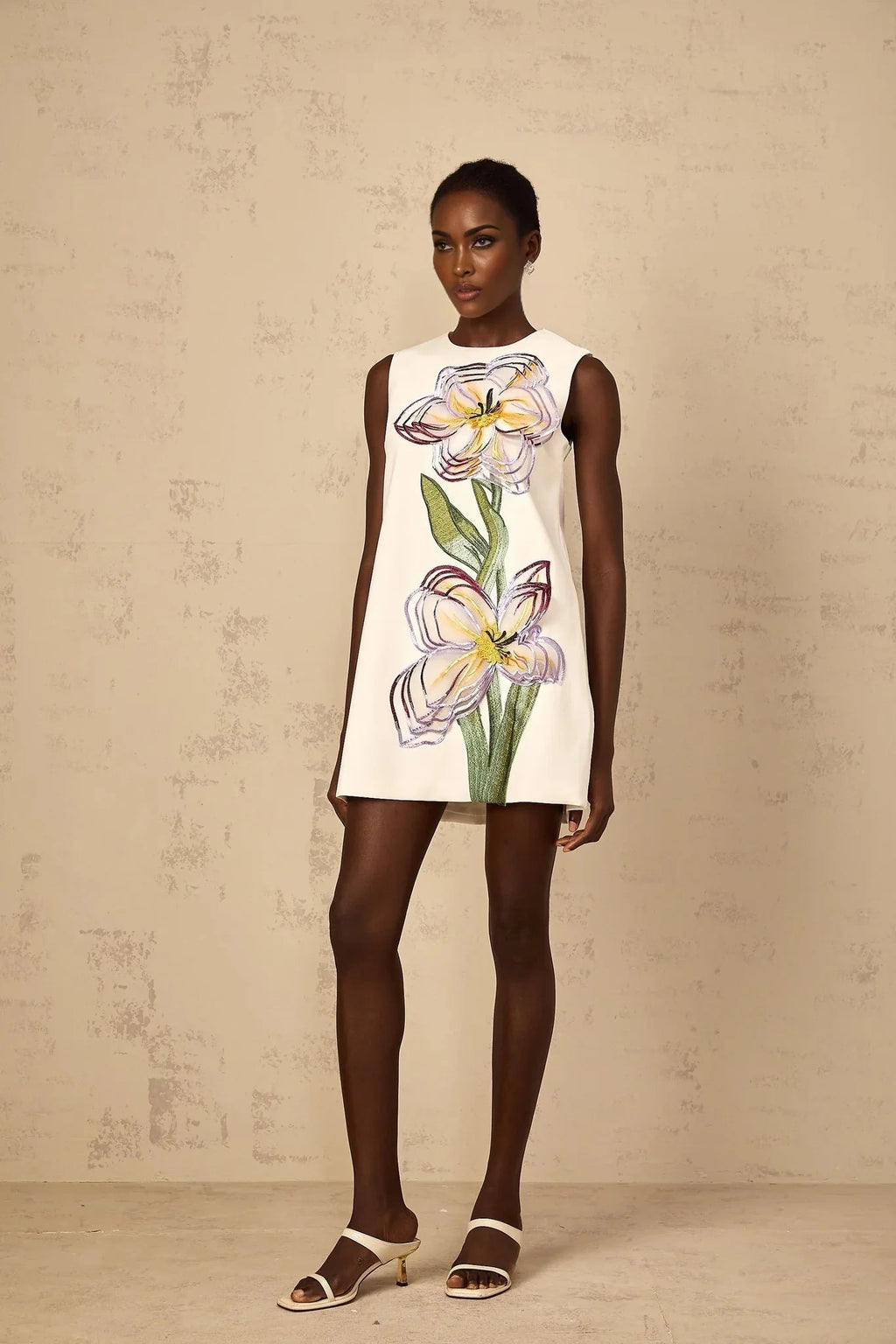 Zita Mini Dress White Sequin Floral Embroidered Open - back