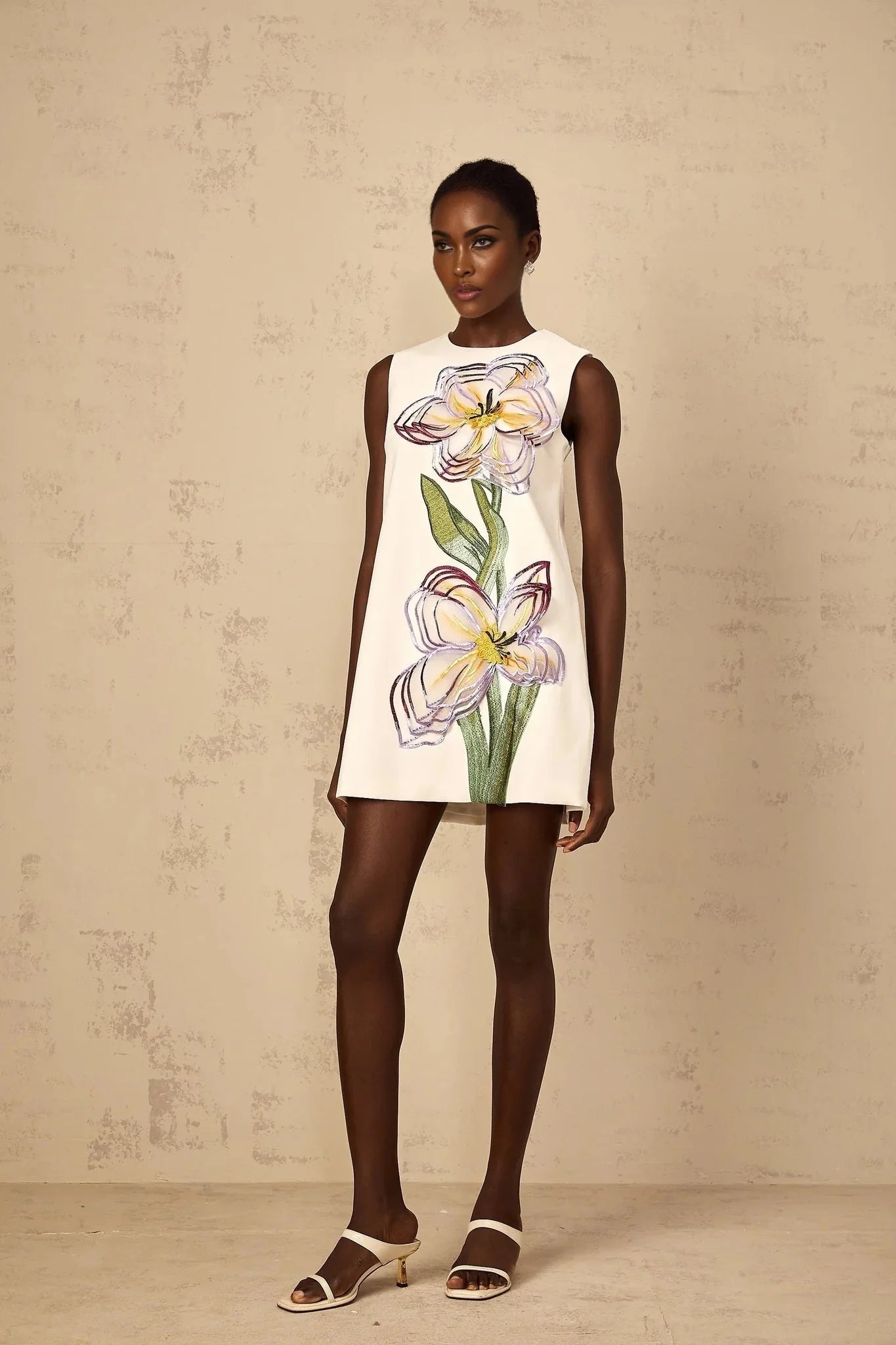 Zita Mini Dress White Sequin Floral Embroidered Open - back