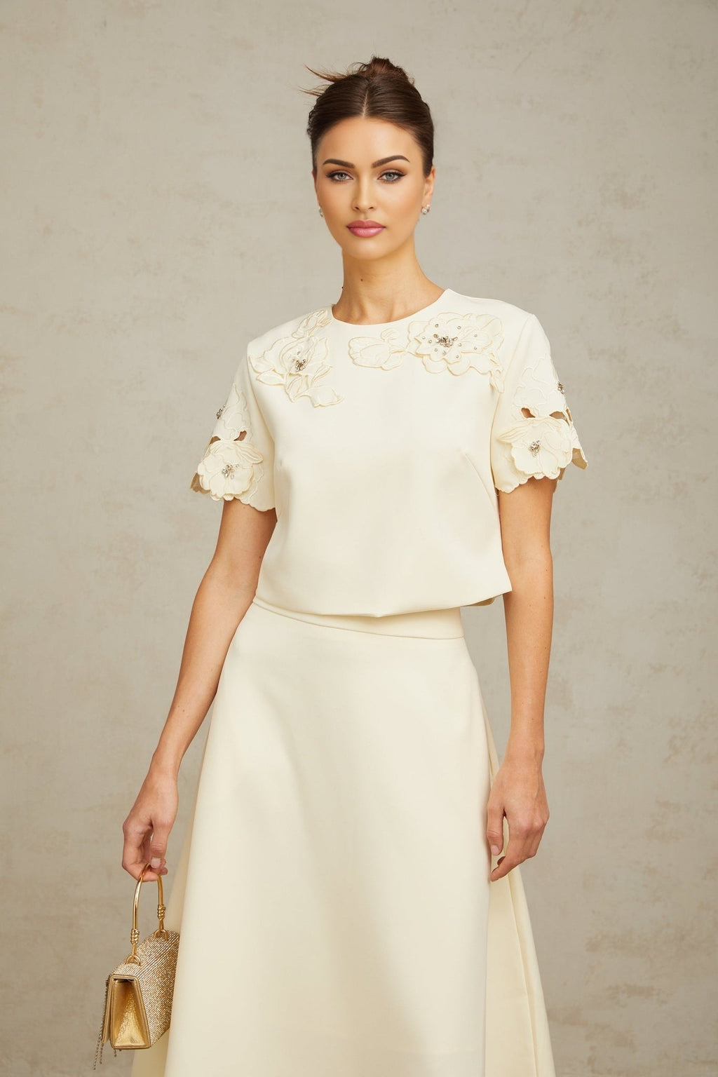 Zita Neutrals Skirt & Top Set 3D Petal Crystal Embellishment