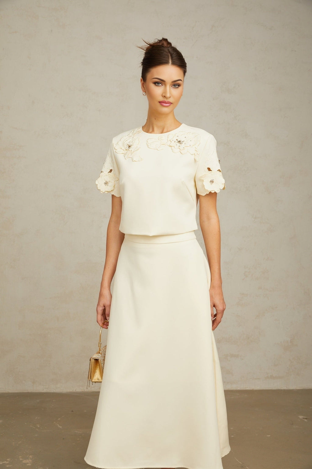 Zita Neutrals Skirt & Top Set 3D Petal Crystal Embellishment