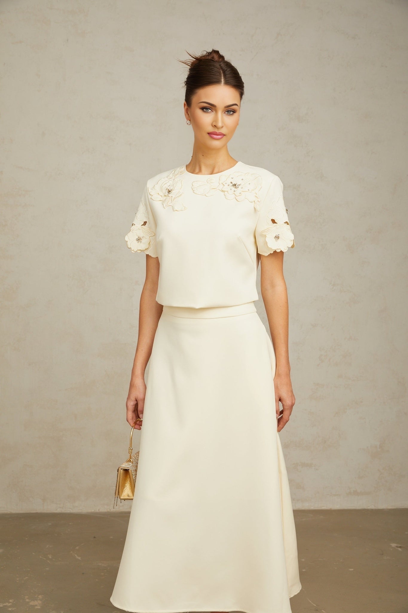 Zita Neutrals Skirt & Top Set 3D Petal Crystal Embellishment