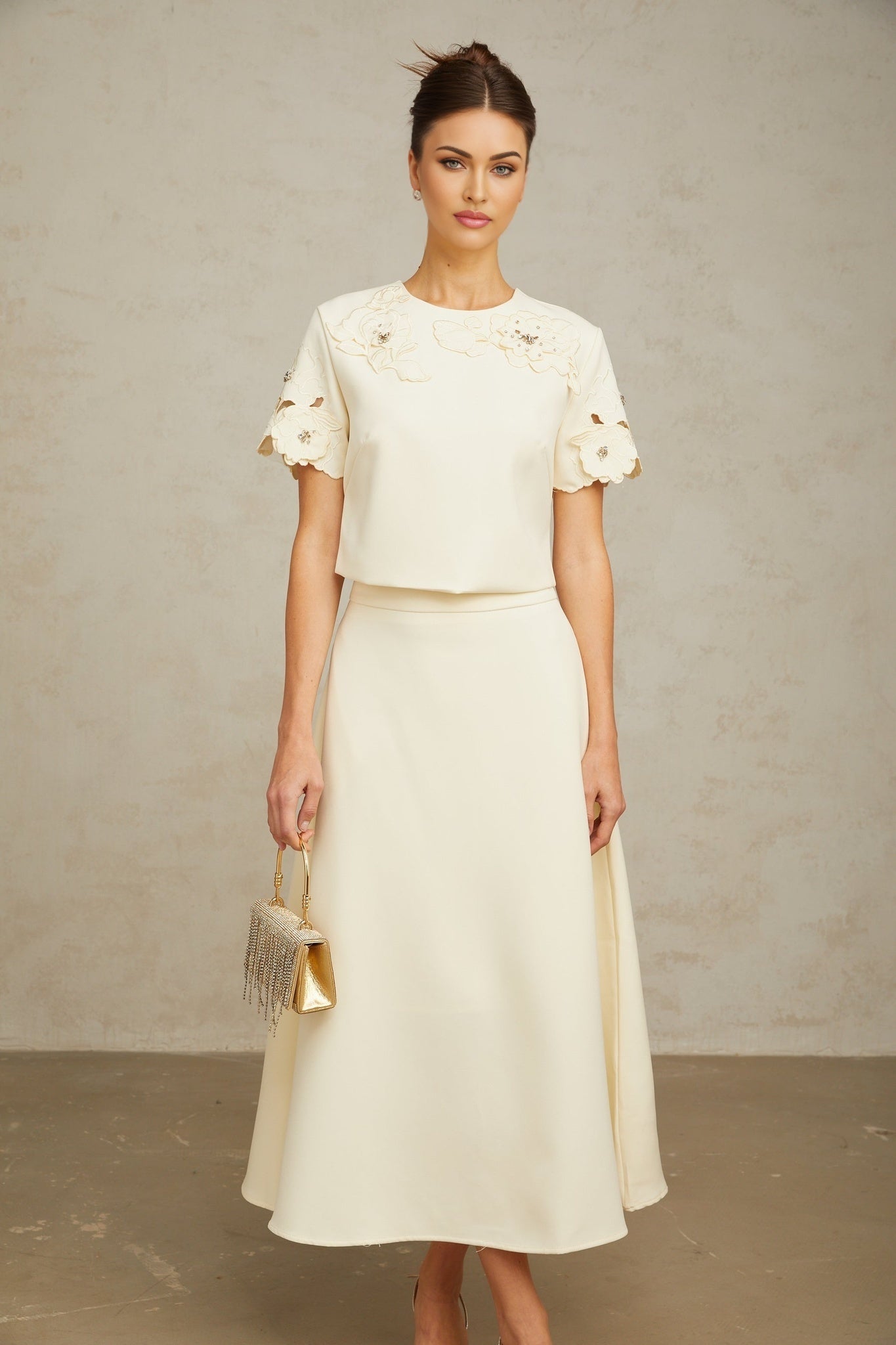 Zita Neutrals Skirt & Top Set 3D Petal Crystal Embellishment