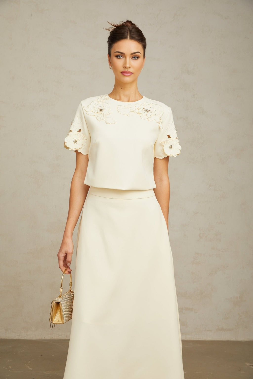 Zita Neutrals Skirt & Top Set 3D Petal Crystal Embellishment