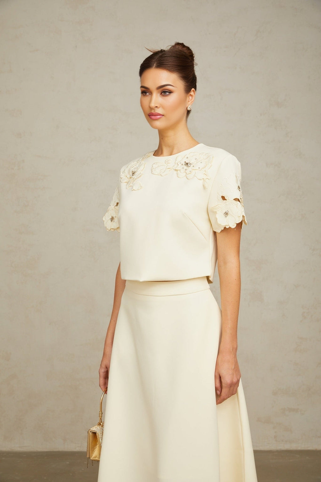 Zita Neutrals Skirt & Top Set 3D Petal Crystal Embellishment