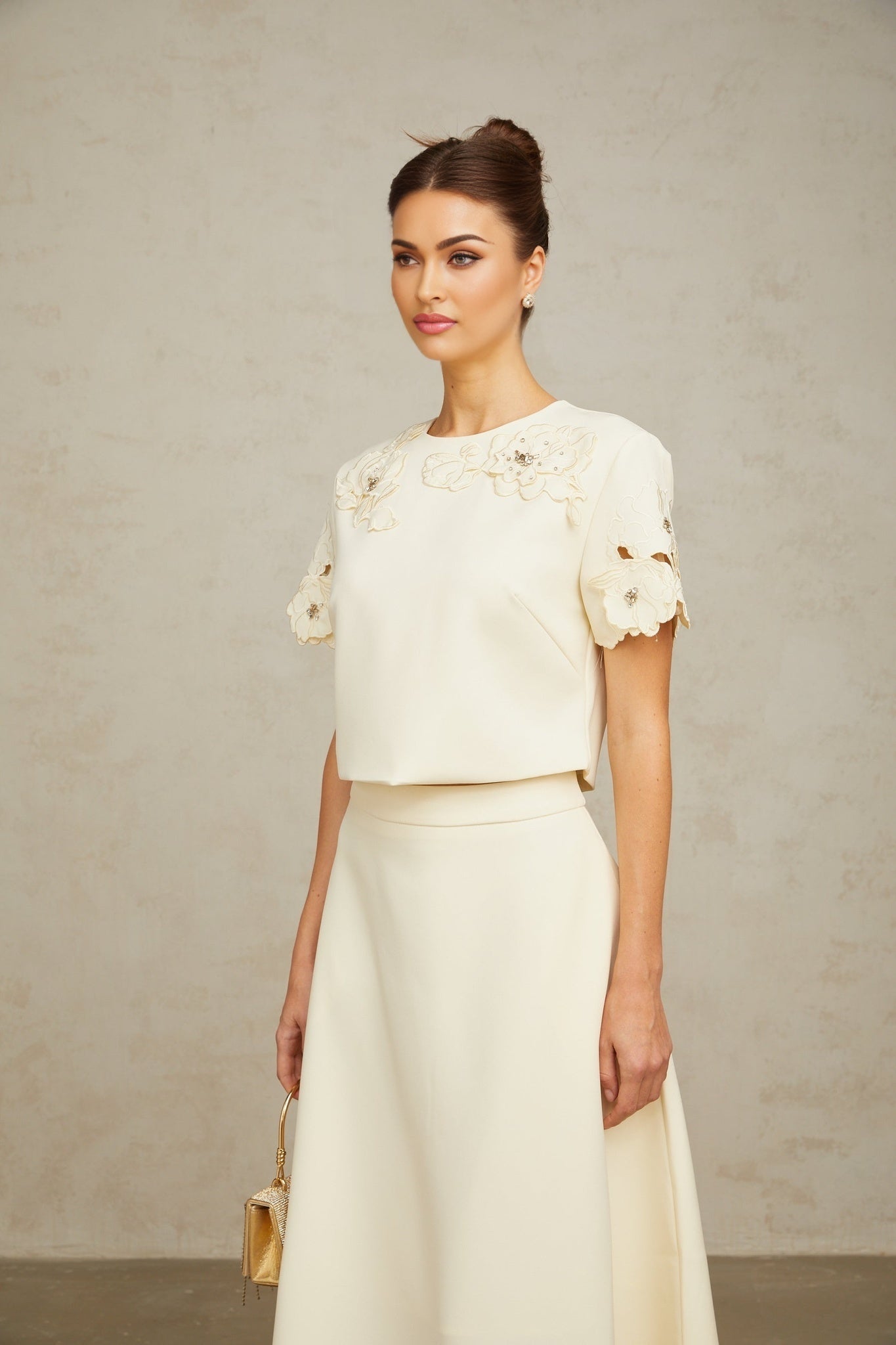 Zita Neutrals Skirt & Top Set 3D Petal Crystal Embellishment