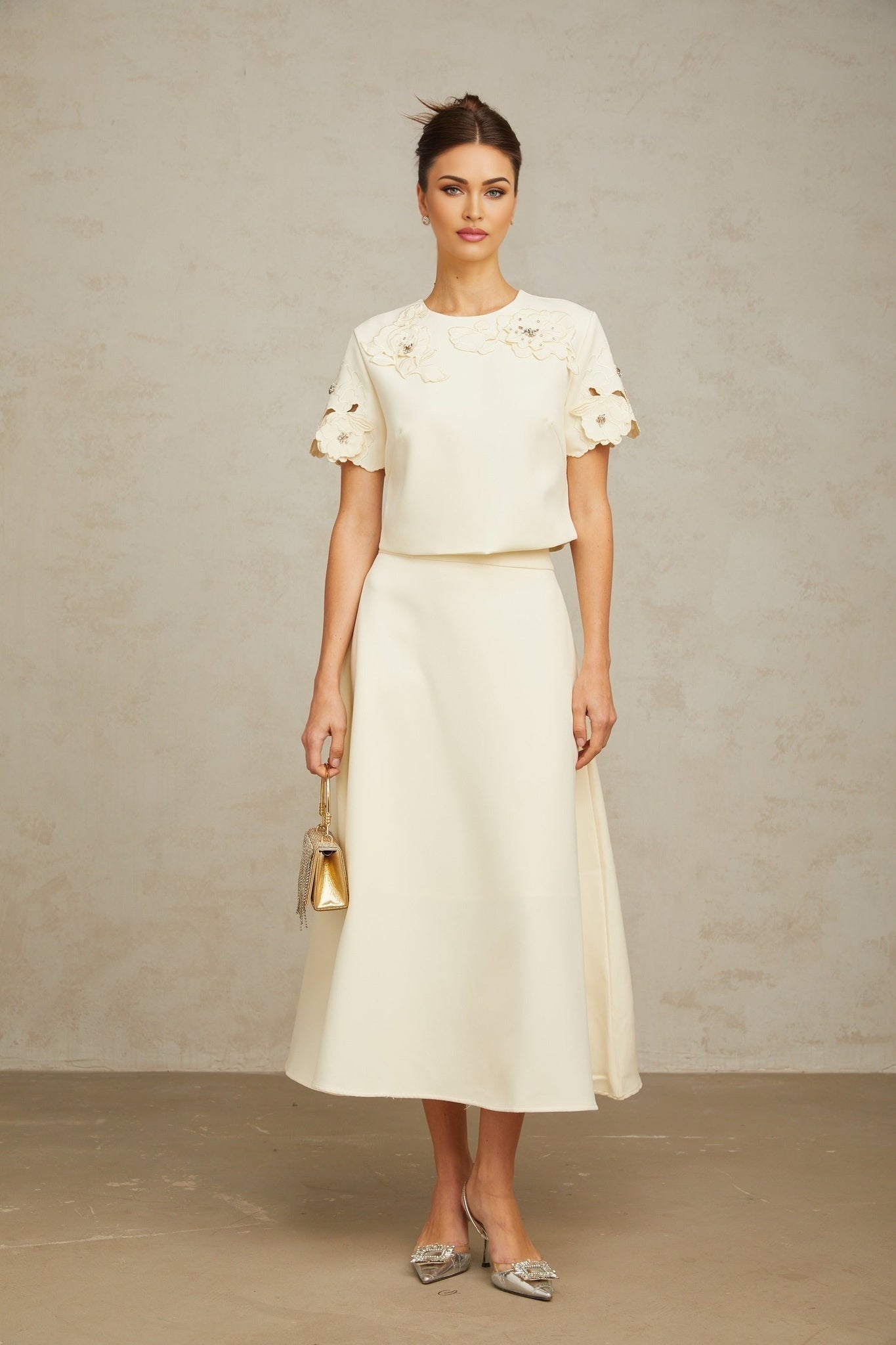 Zita Neutrals Skirt & Top Set 3D Petal Crystal Embellishment