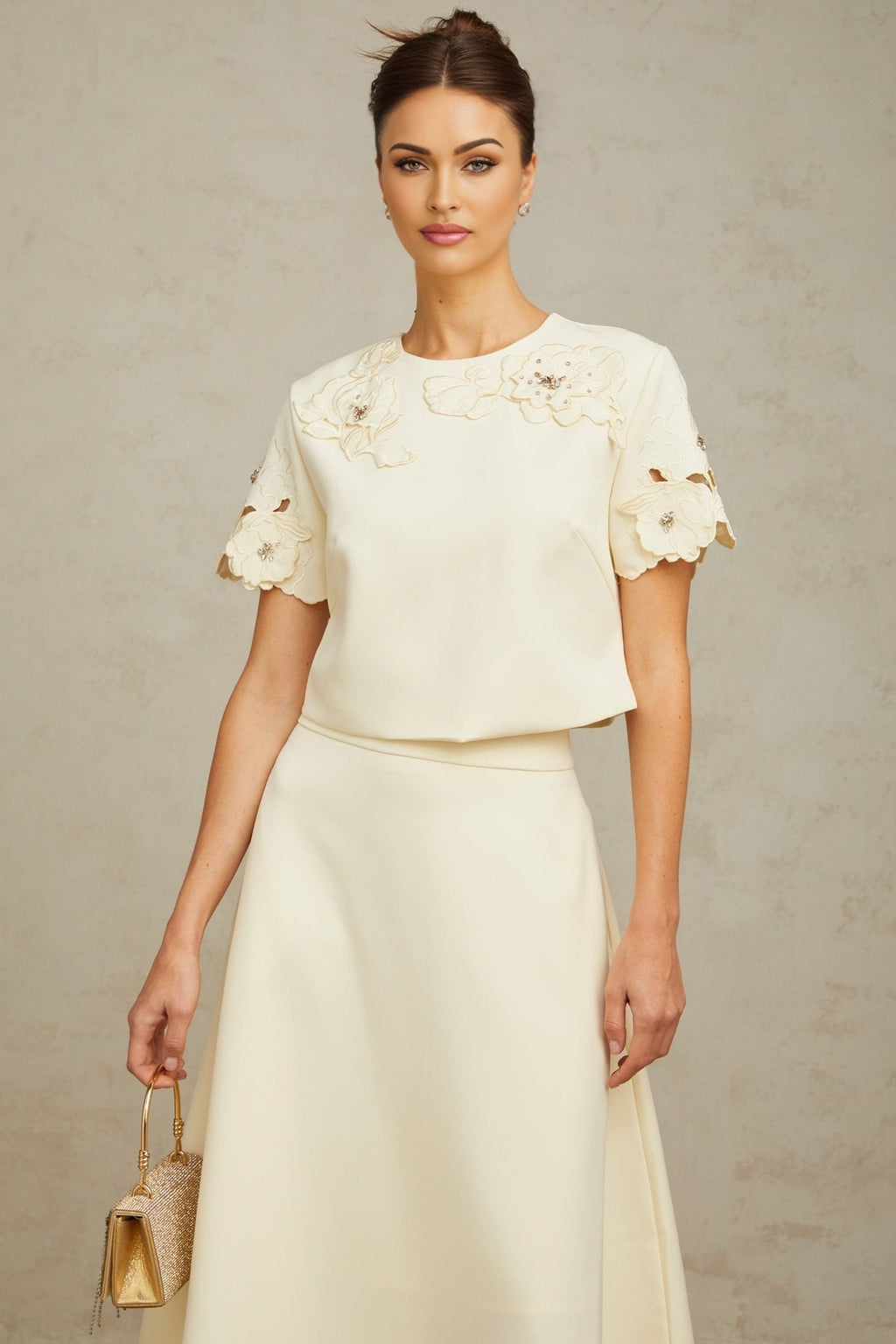 Zita Neutrals Skirt & Top Set 3D Petal Crystal Embellishment