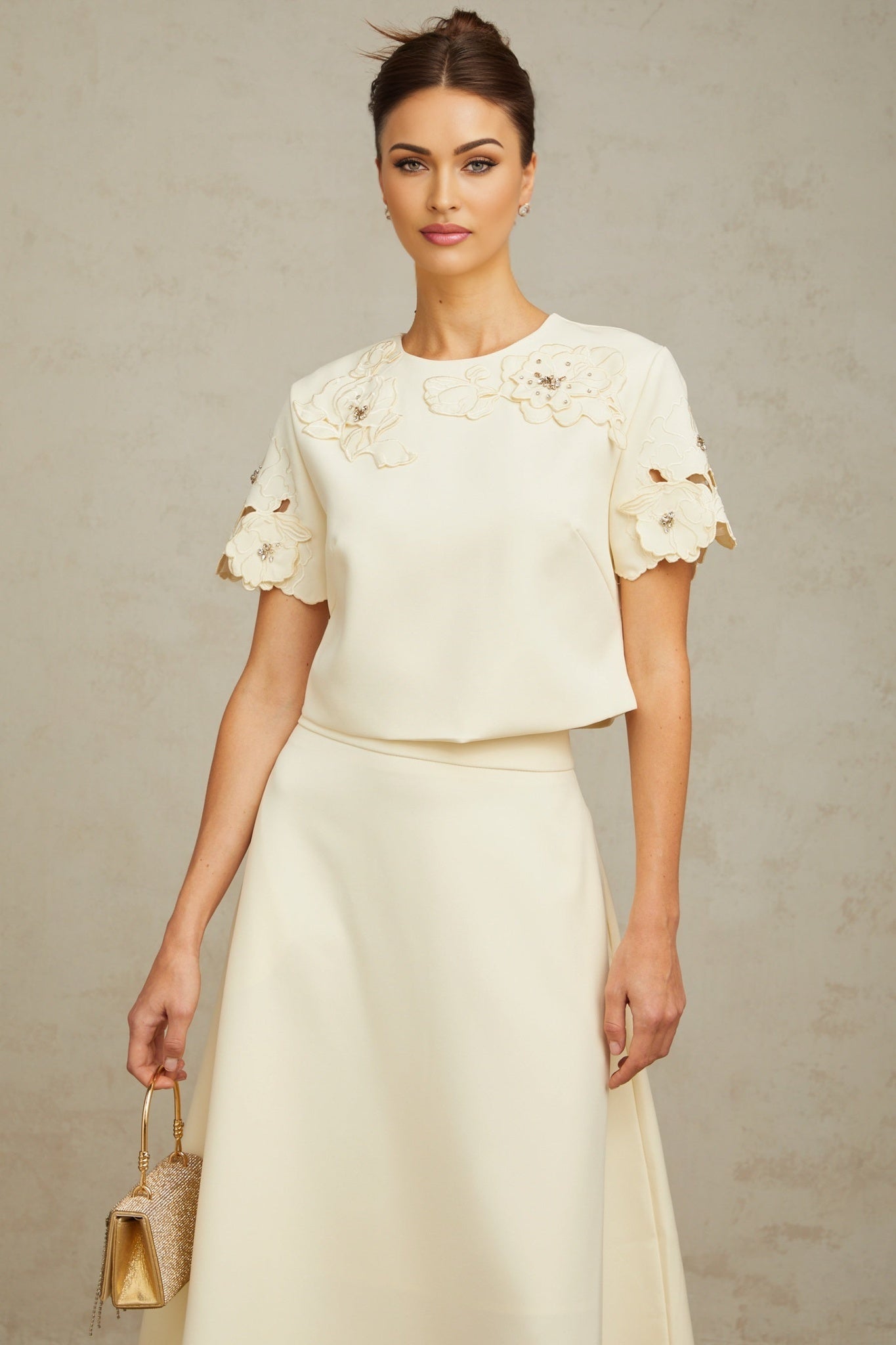 Zita Neutrals Skirt & Top Set 3D Petal Crystal Embellishment