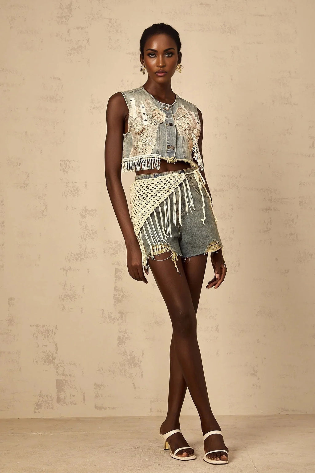 Zoey Denim Shorts Blue Boho Fringed Crochet Belt High Rise & Frayed Edge