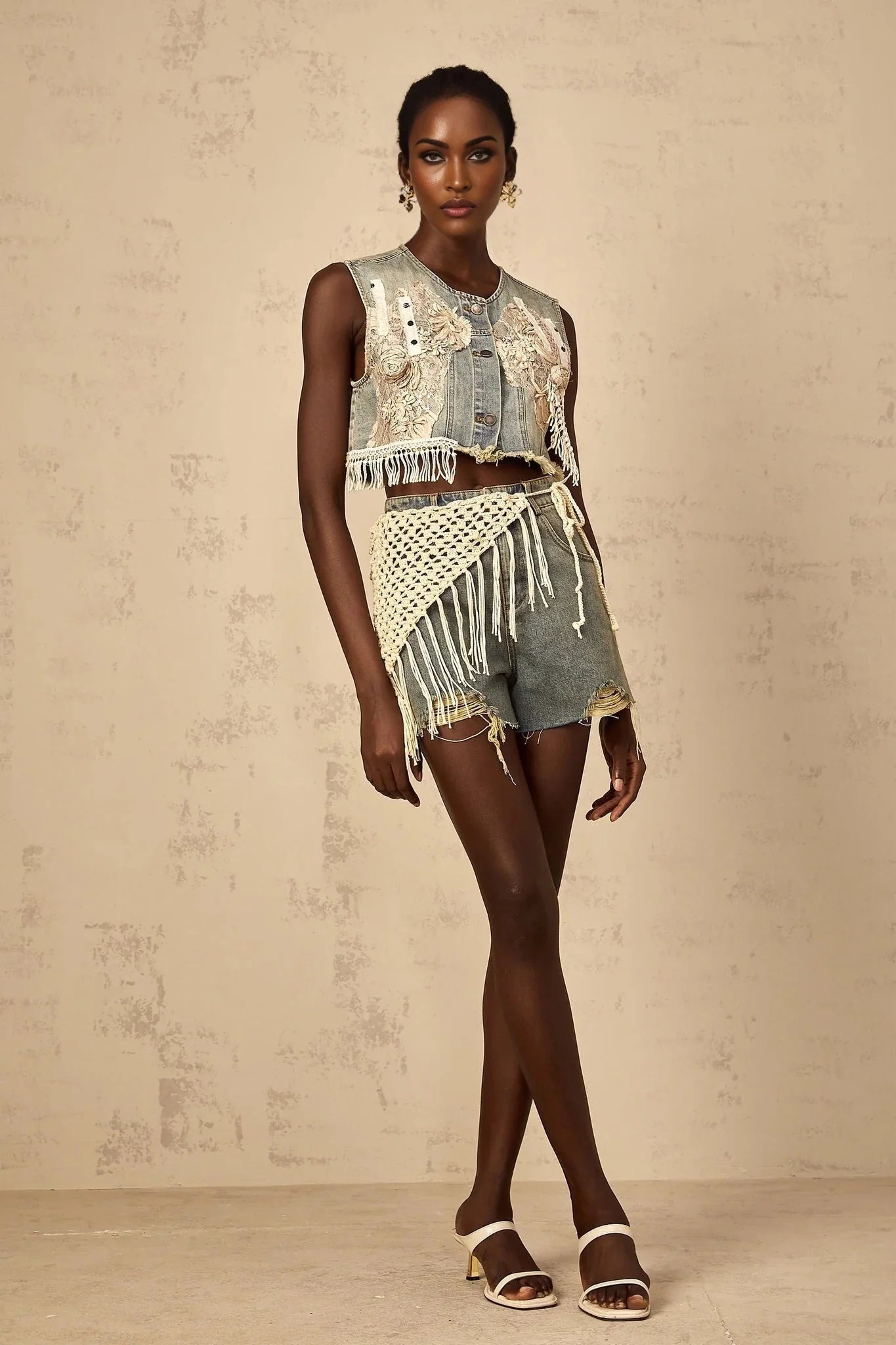 Zoey Denim Shorts Blue Boho Fringed Crochet Belt High Rise & Frayed Edge