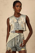 Zoey Denim Shorts Blue Boho Fringed Crochet Belt High Rise & Frayed Edge