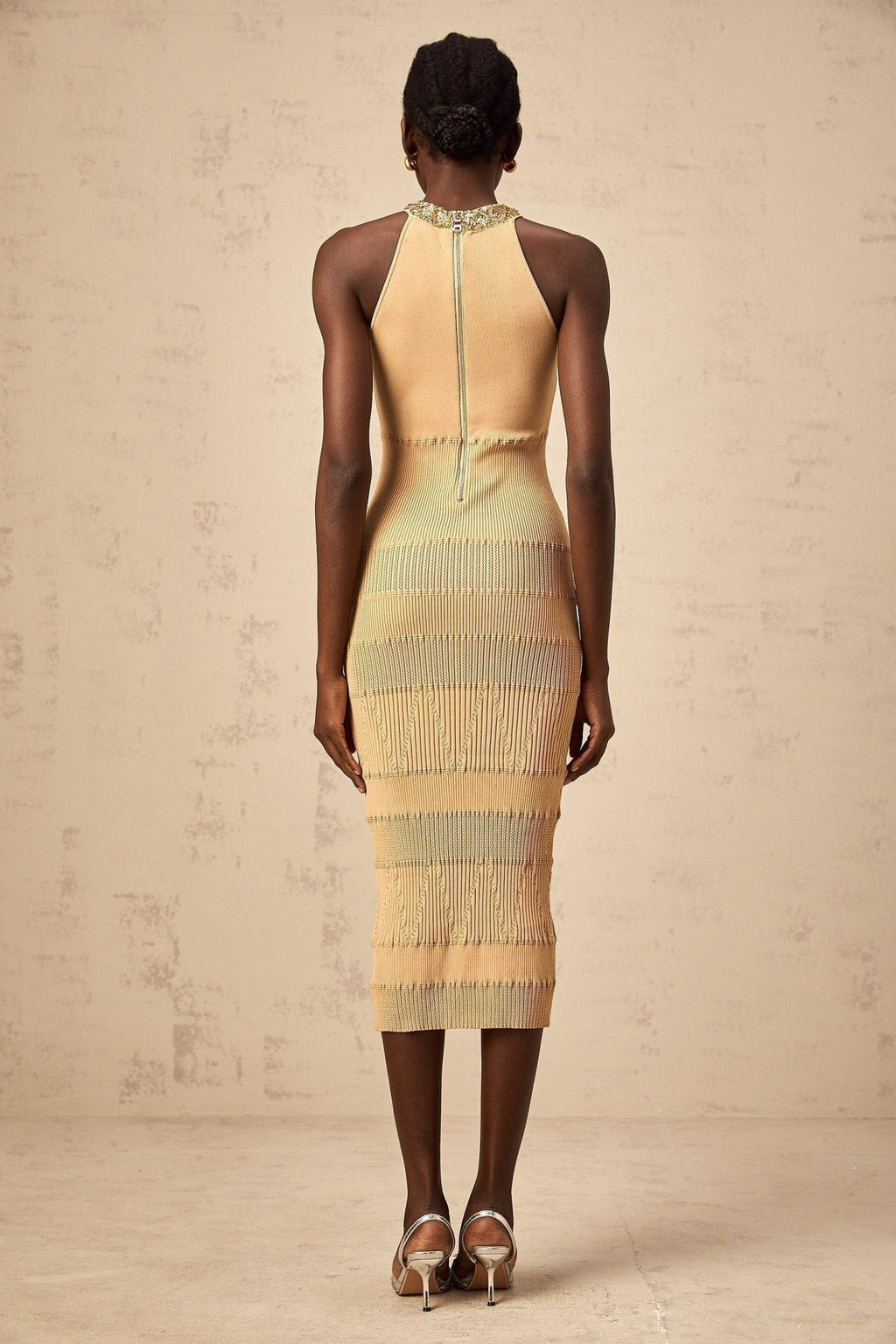 Zoey Midi Dress Gold Sequin Halterneck Ribbed Calf Length