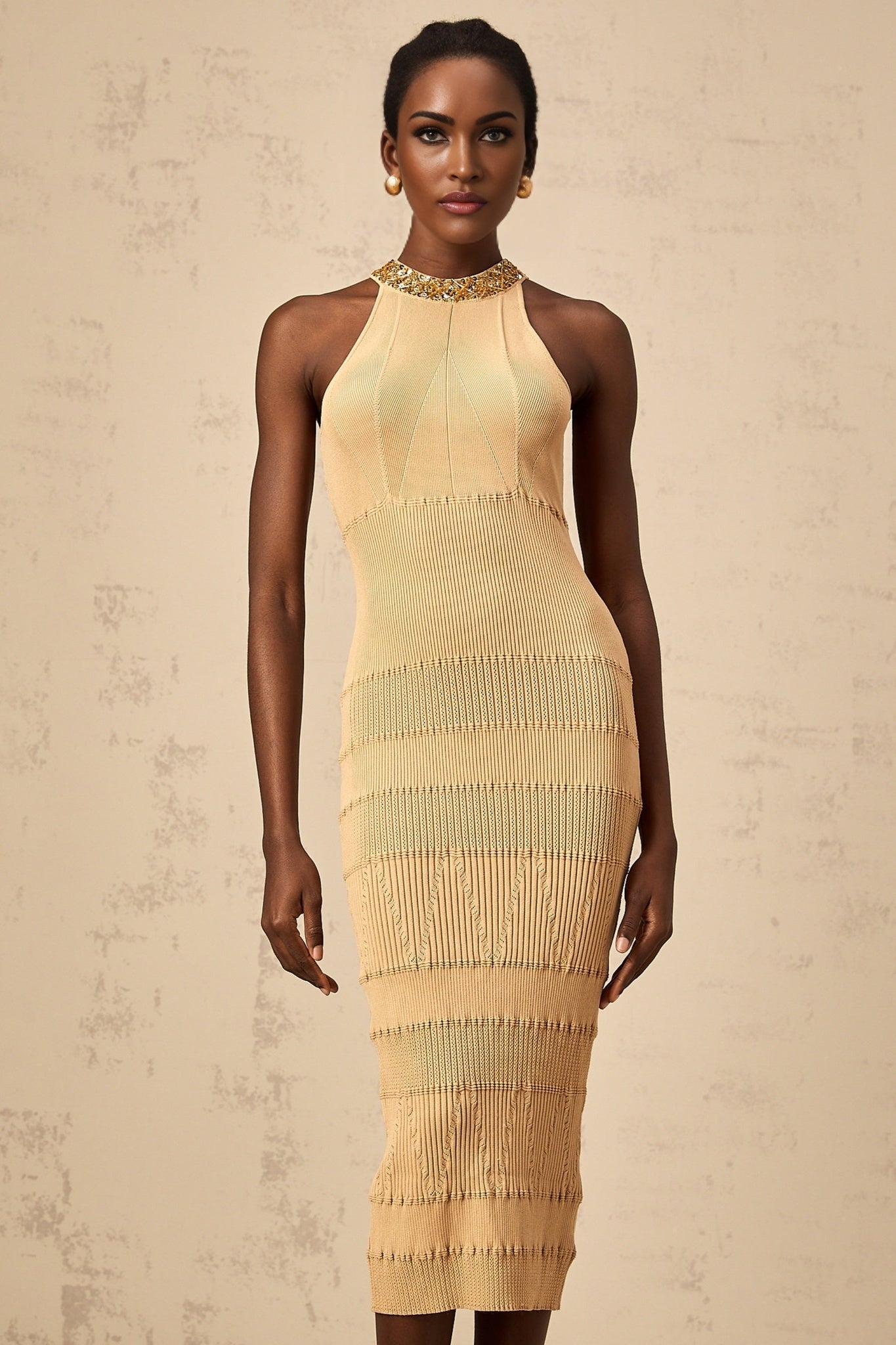 Zoey Midi Dress Gold Sequin Halterneck Ribbed Calf Length