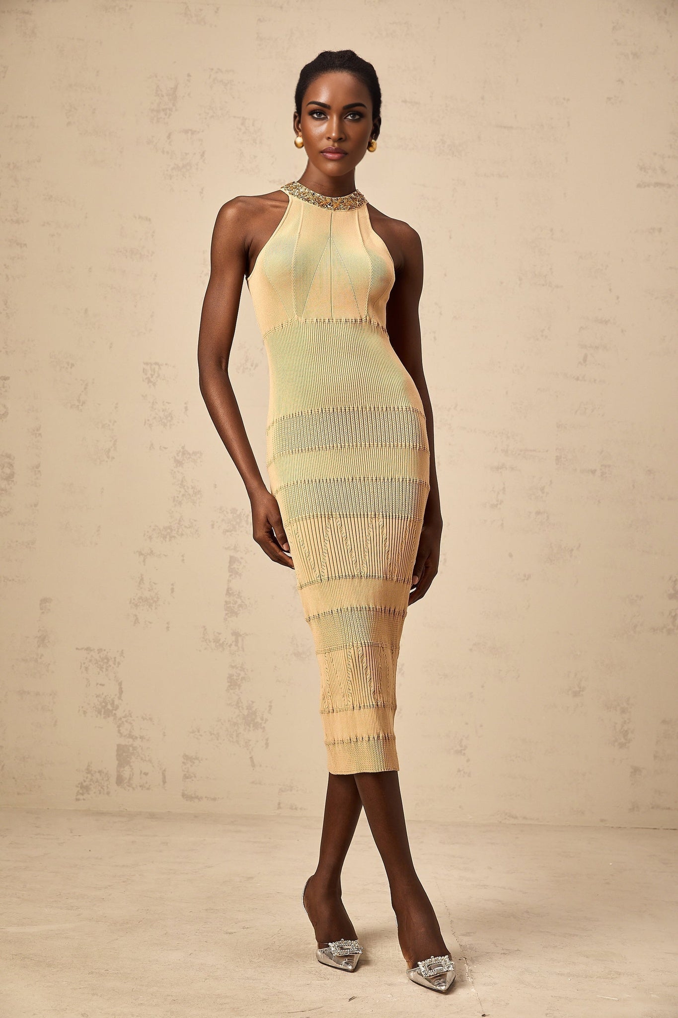 Zoey Midi Dress Gold Sequin Halterneck Ribbed Calf Length