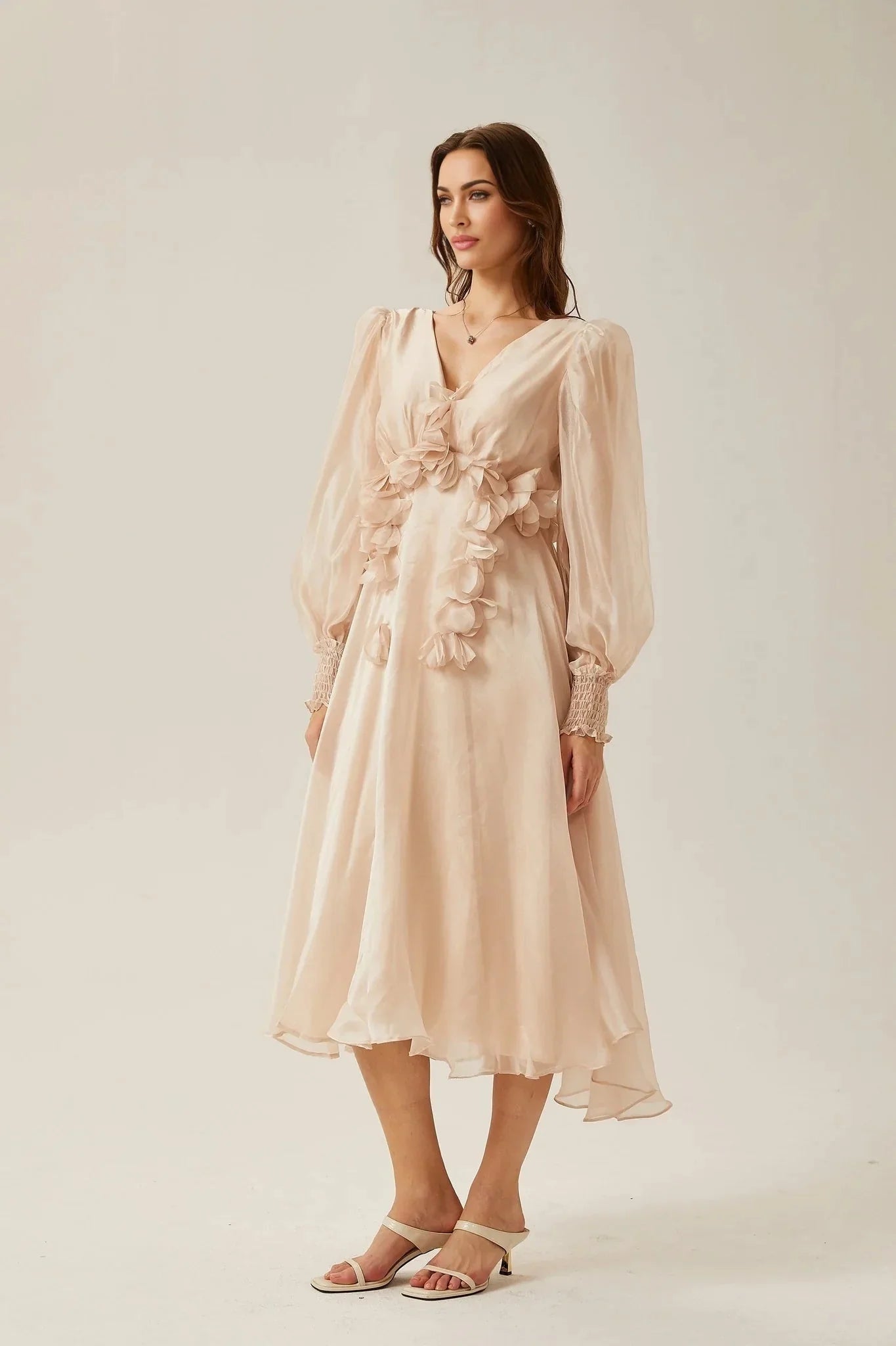 Zoey Midi Dress with Faux - Floral Embellishment