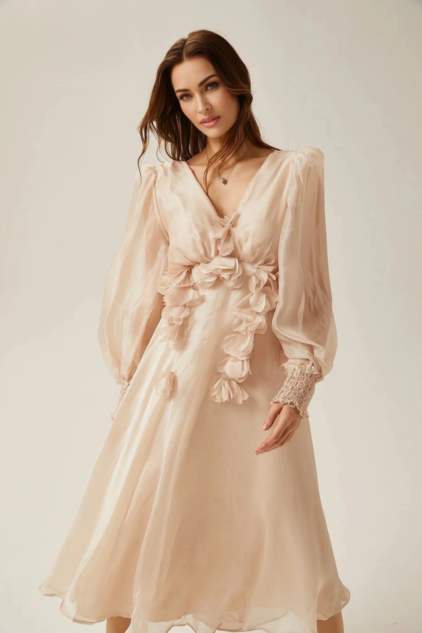 Zoey Midi Dress with Faux - Floral Embellishment